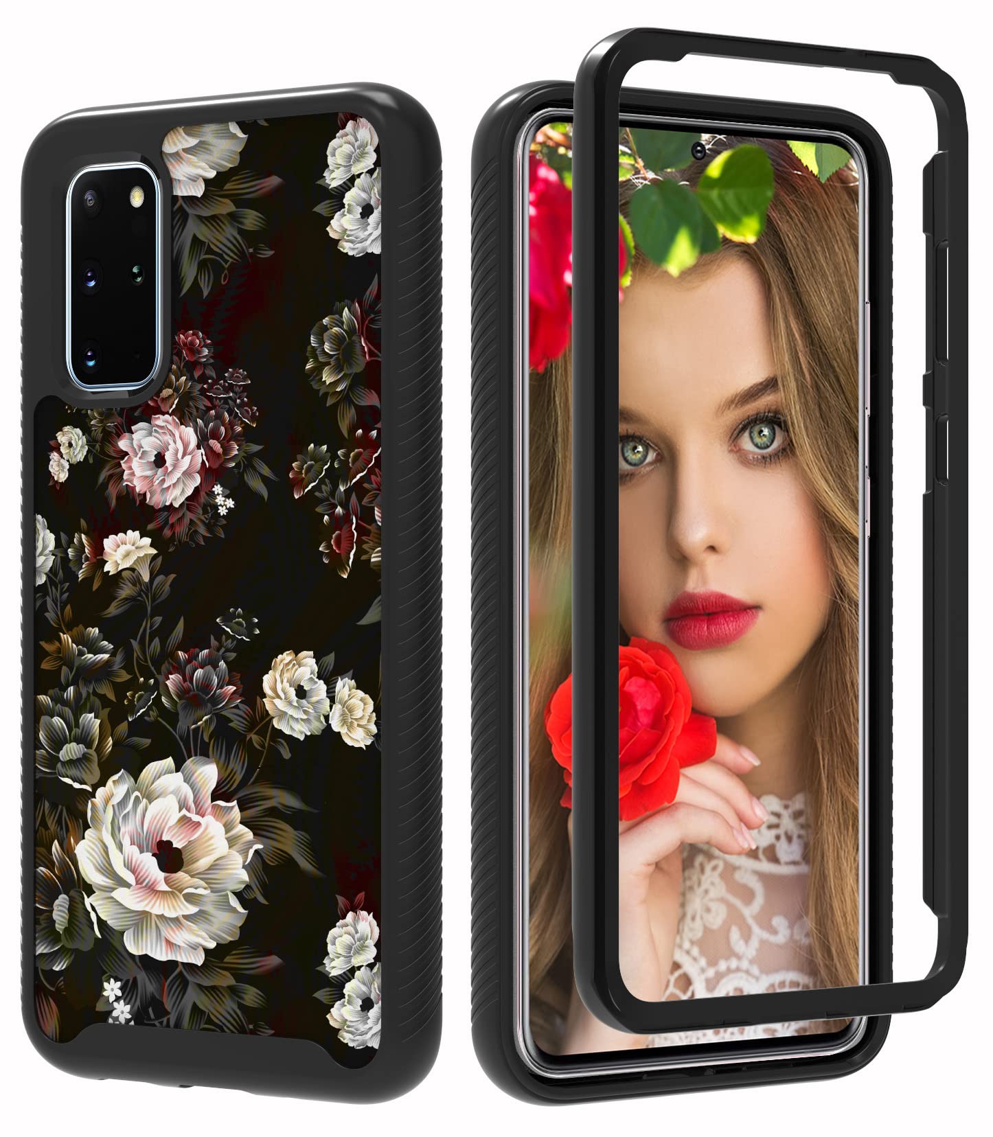 ShinyMaxSamsung Galaxy S20 Plus Case with Roses Design, Galaxy S20 Plus Phone Case,Heavy Duty Armored Anti-Slip Cover Cute Sturdy Anti-Scratch Shockproof Bumper Case for Women and Girls-FloralBlack