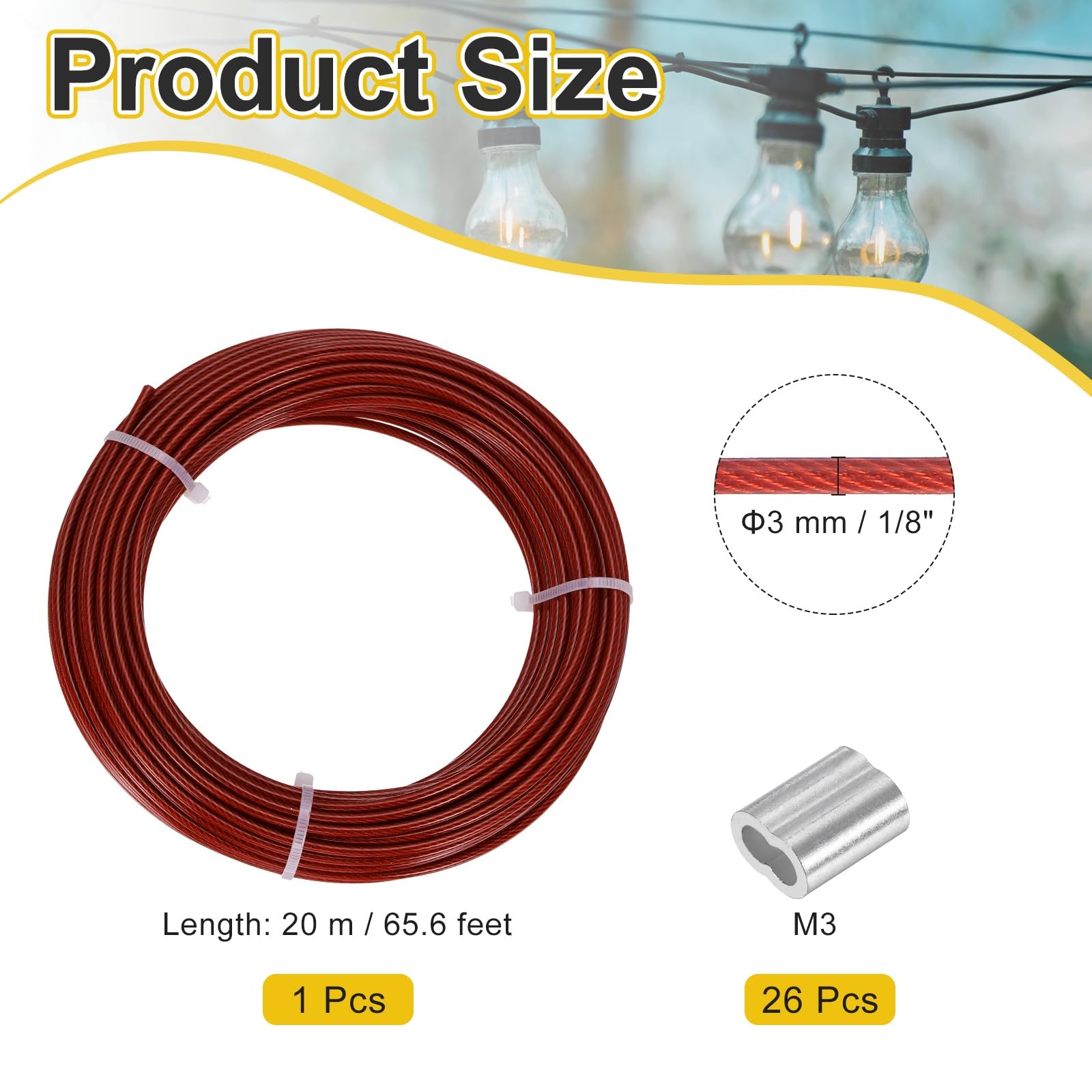 PATIKIL Cuerda de alambre de 1/8 pulgadas, cable de alambre de acero inoxidable 304 de 65.6 pies recubierto de vinilo con mangas de crimpado M3 para colgar luces, enrejado, rojo