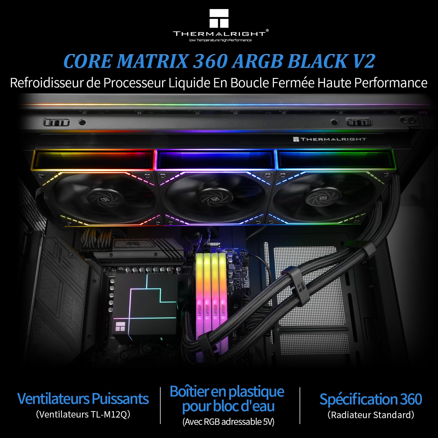 Thermalright TR Core Matrix 360 ARGB Black V2 - Raffreddatore liquido CPU AIO con 3 ventole modulari, velocità pompa dell'acqua 2800 giri/min, per AM4/AM5, Intel LGA1150/1151/1200/1700/1851