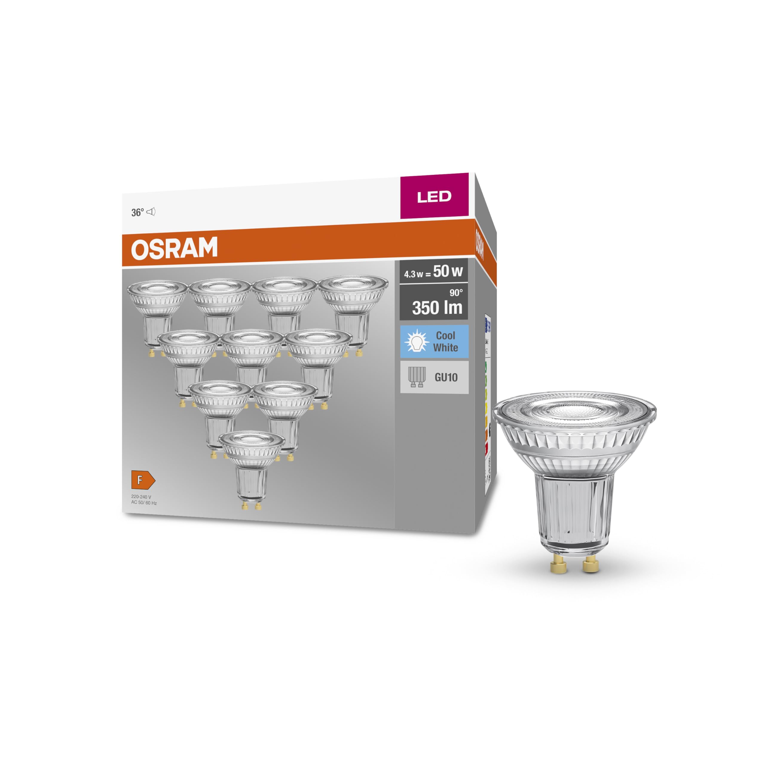 Osram 4058075036703 Spot LED 4,30W Cool Réflecteur 4000K, Verre, GU10, 4 W, Argent, Blanc Froid - Pack de 10