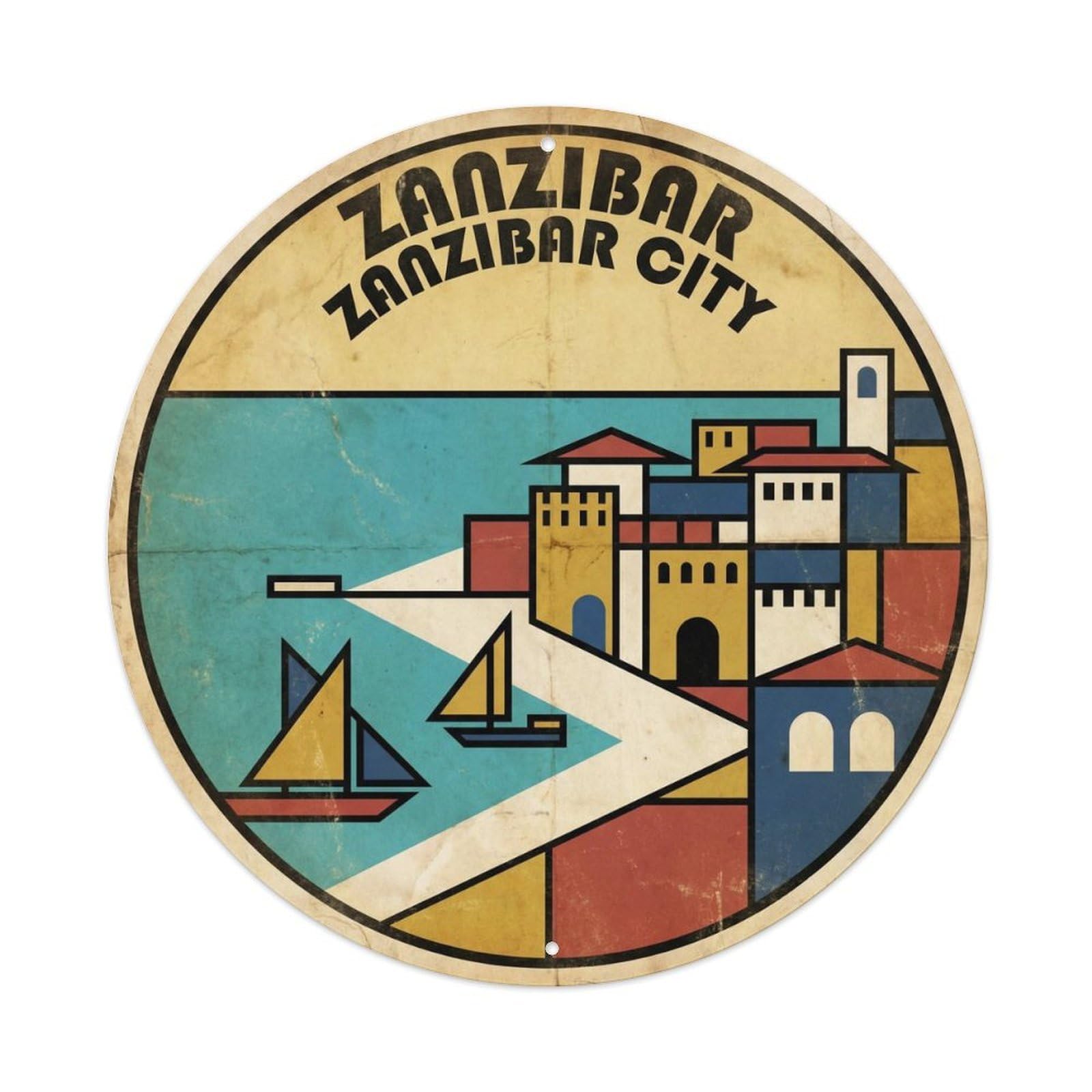 Zanzibar City Atoll Resort Colorblock Travel Metal Tin Sign