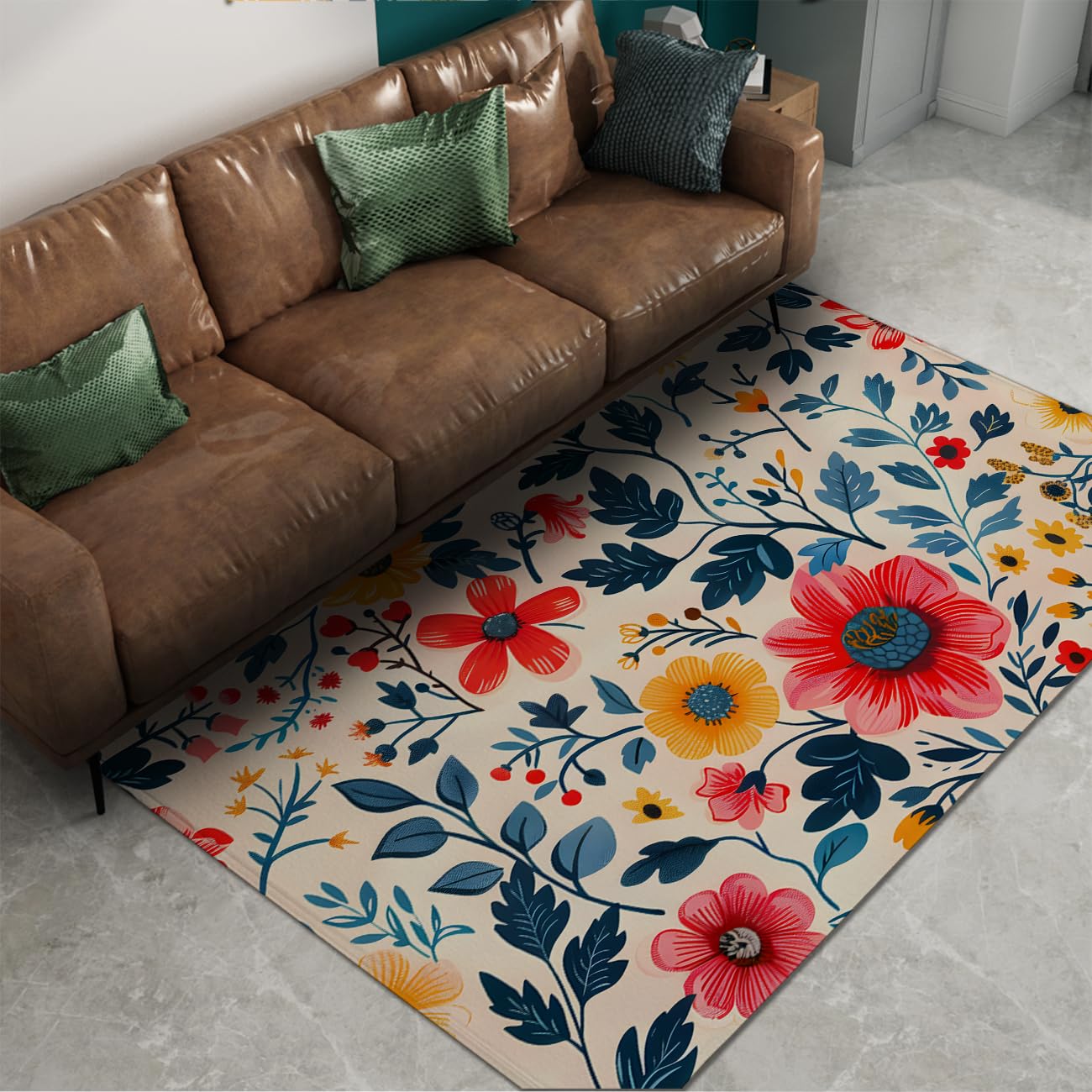 Zmywalny dywan 180x200cm czerwony żółty niebieski duże dywany drobny nadruk retro retro z połowy wieku kwiatowy wzór do salonu sypialni jadalni dywany