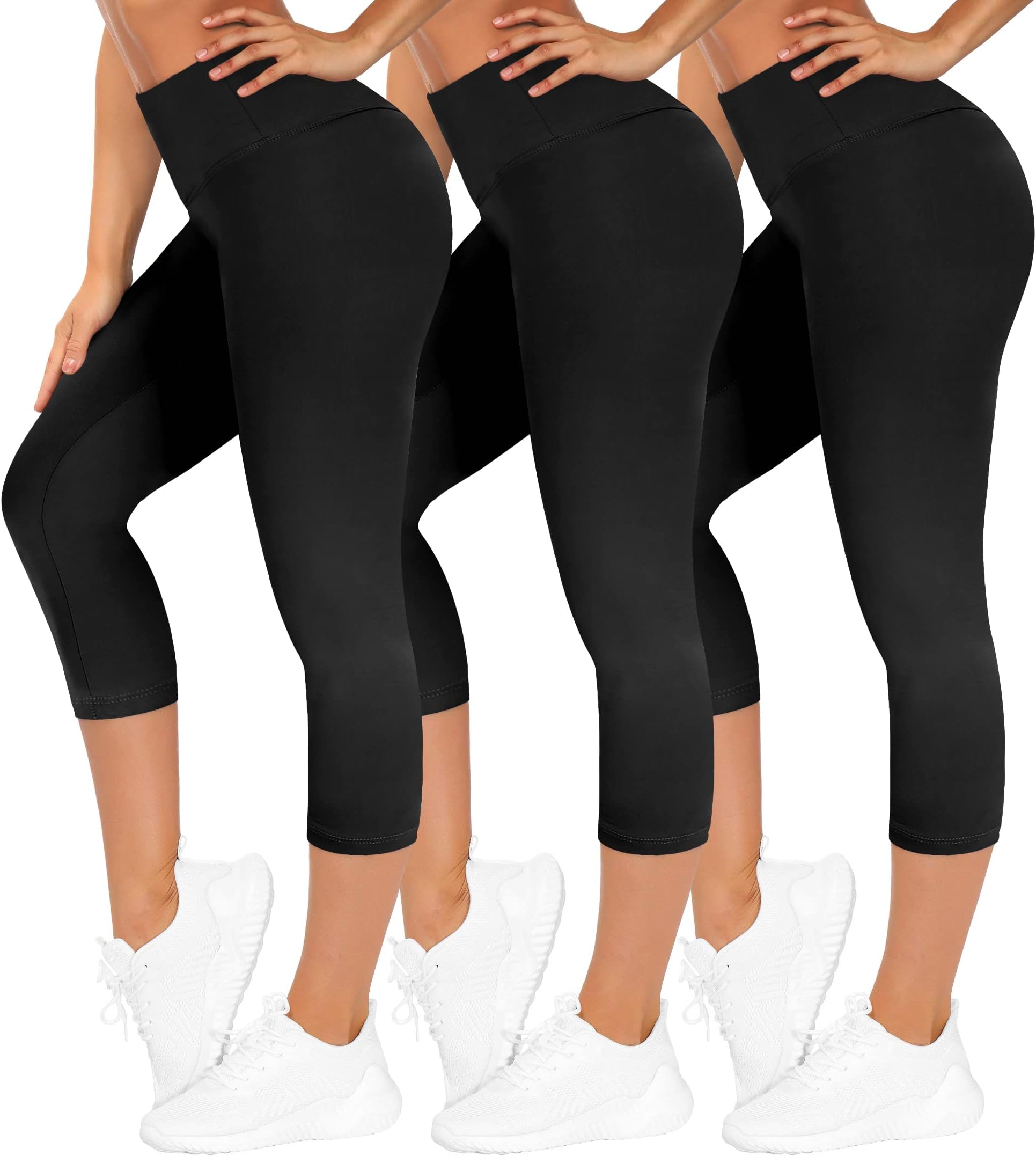 ZOOSIXX 3 Pack Capri Leggings for Women, High Waisted Yoga Pants with Pockets Soft Black for Running Workout
