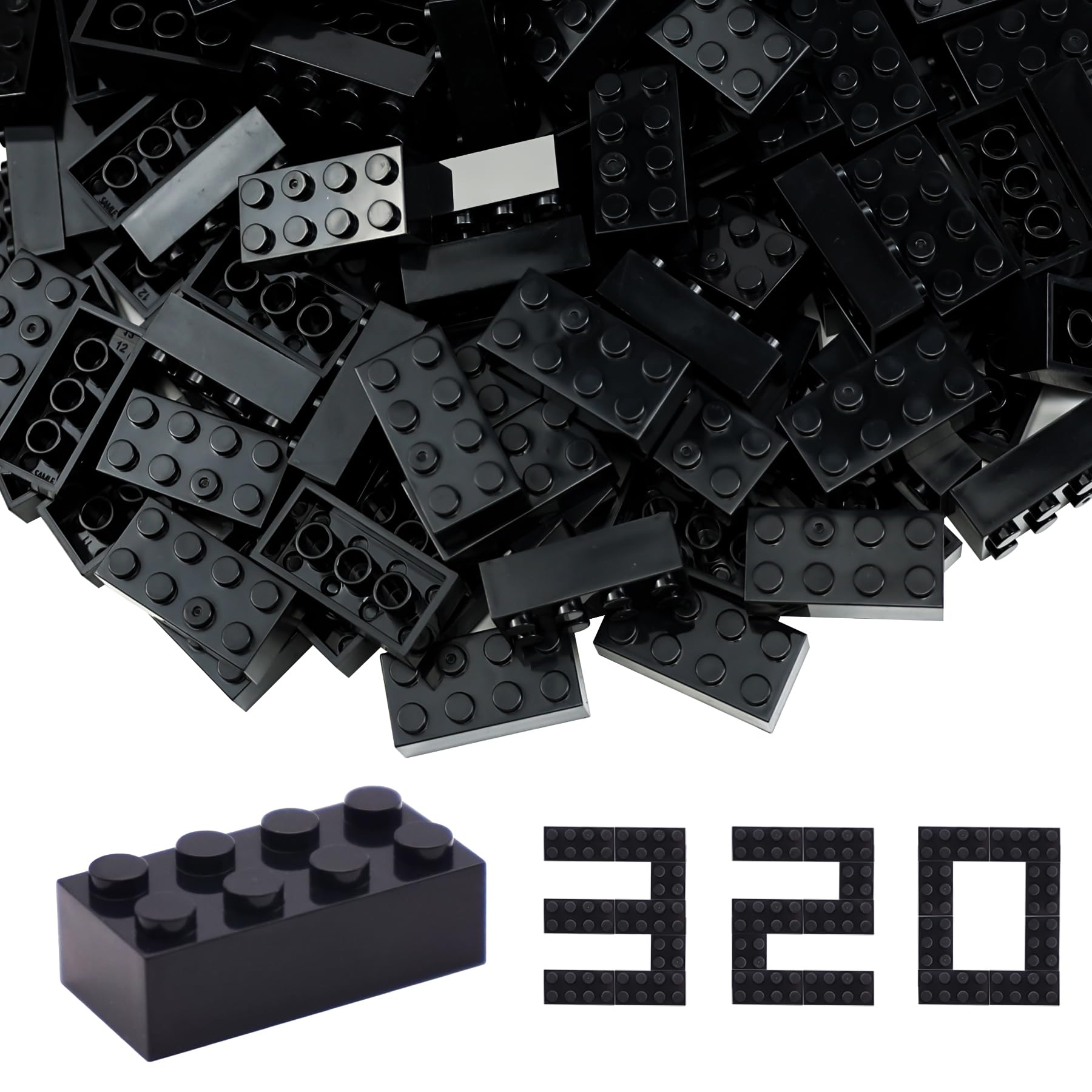 Building Bricks 2x4 Stud 320 Pcs Black, Classic Construction Blocks Bulk Set, Compatible with All Major Brands (S082)