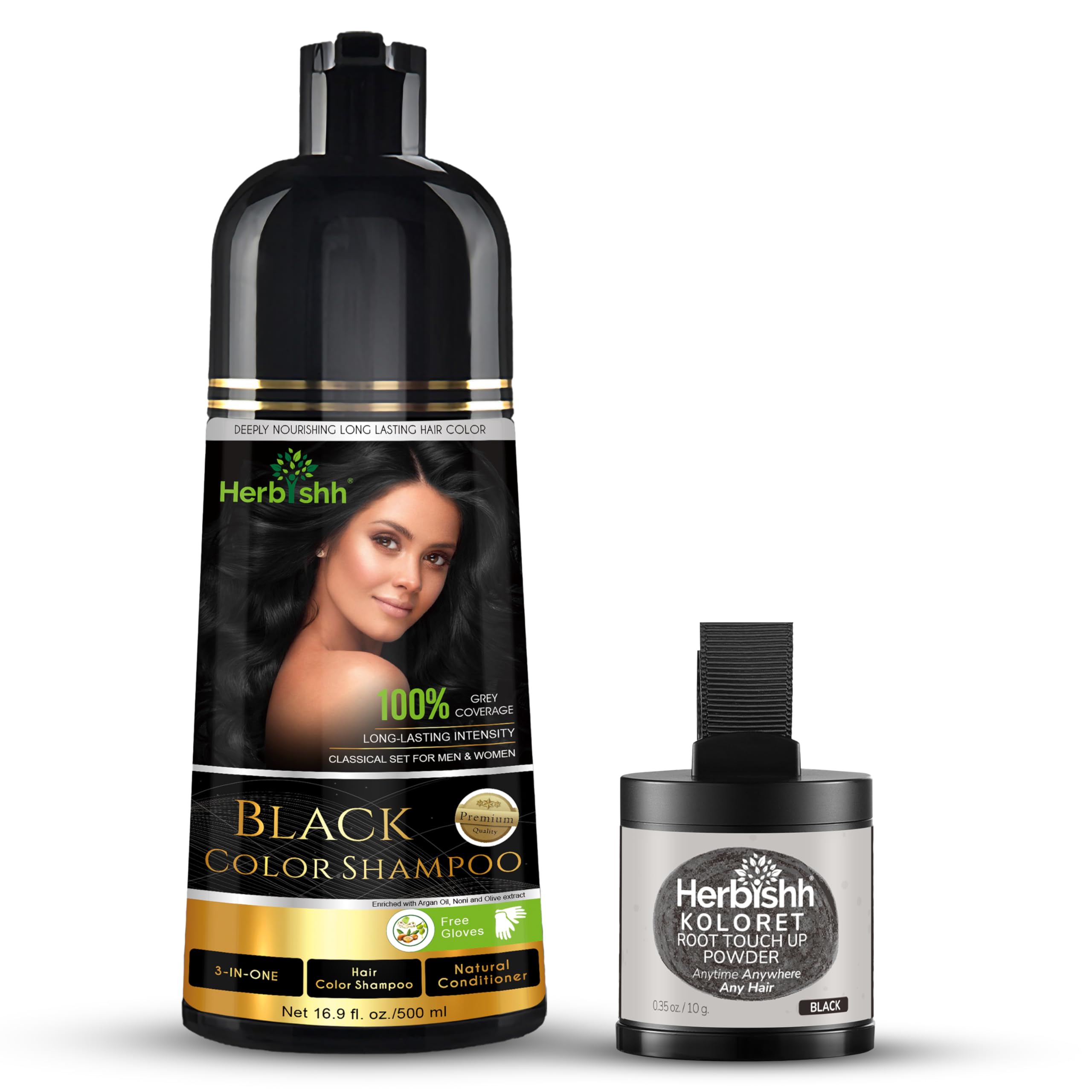 Herbishh Hair Color Shampoo for Gray Hair – Magic Hair Dye Shampoo 500ml Black + Koloret Root Touch Up Powder– Natural Black Powder for Women & Men 10g