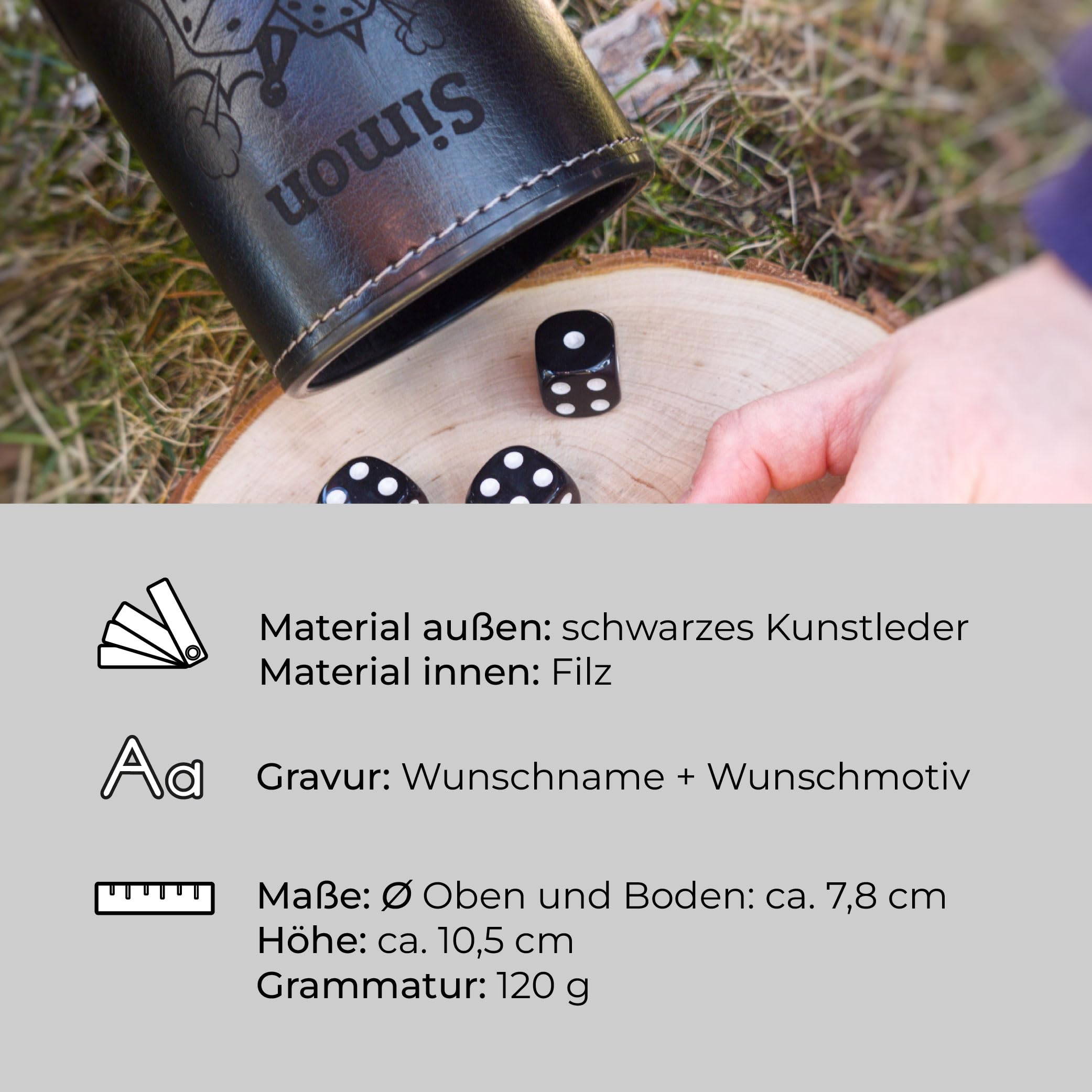 Schwarzer Würfelbecher Leder mit Gravur | Personalisiert mit Motiv & Name | Individuelles Knobelbecher Set mit Würfelfach & Würfeln