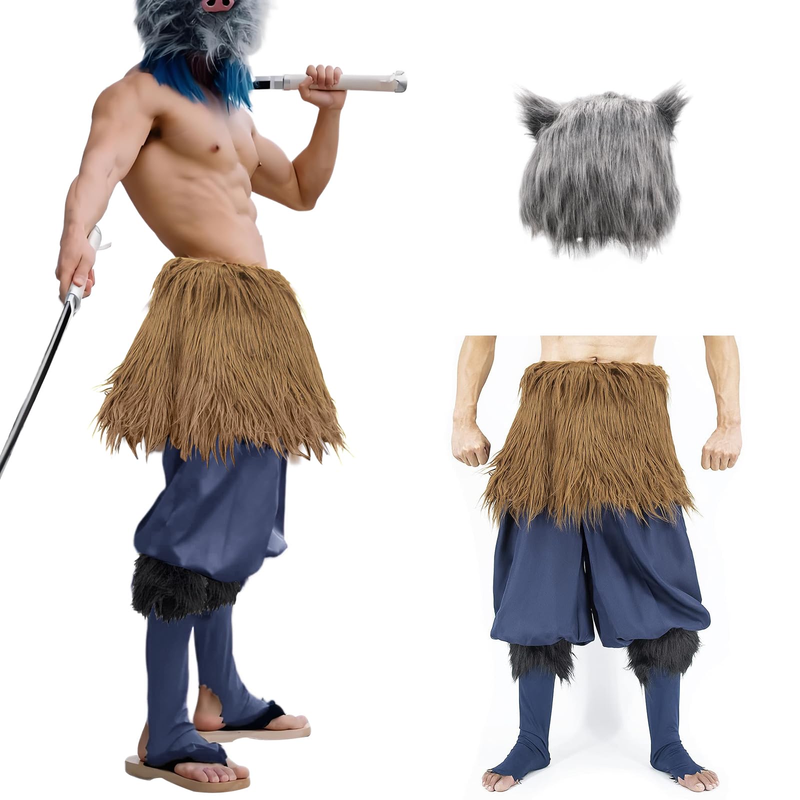 Tokisaki Inosuke Cosplay Costume Women Men Inosuke Outfit Apron Pants with Boar Mask Halloween(M,M12I-N45-Brown)