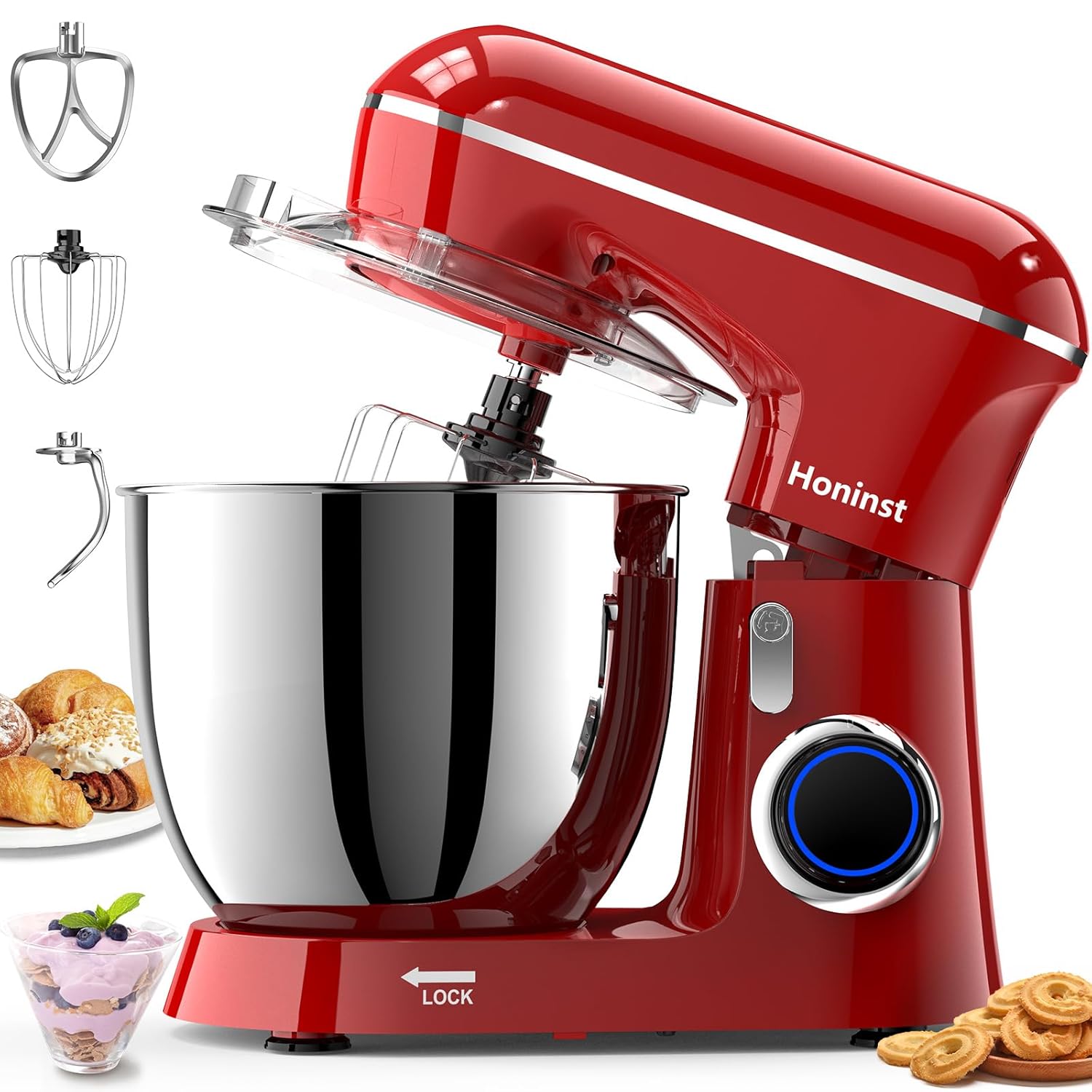 Honinst Stand Mixer 6 5QT 10-Speed Tilt-Head Electric Stand Mixer 3-In-1 Kitchen Mixer with Bowl Dough Hook Whisk