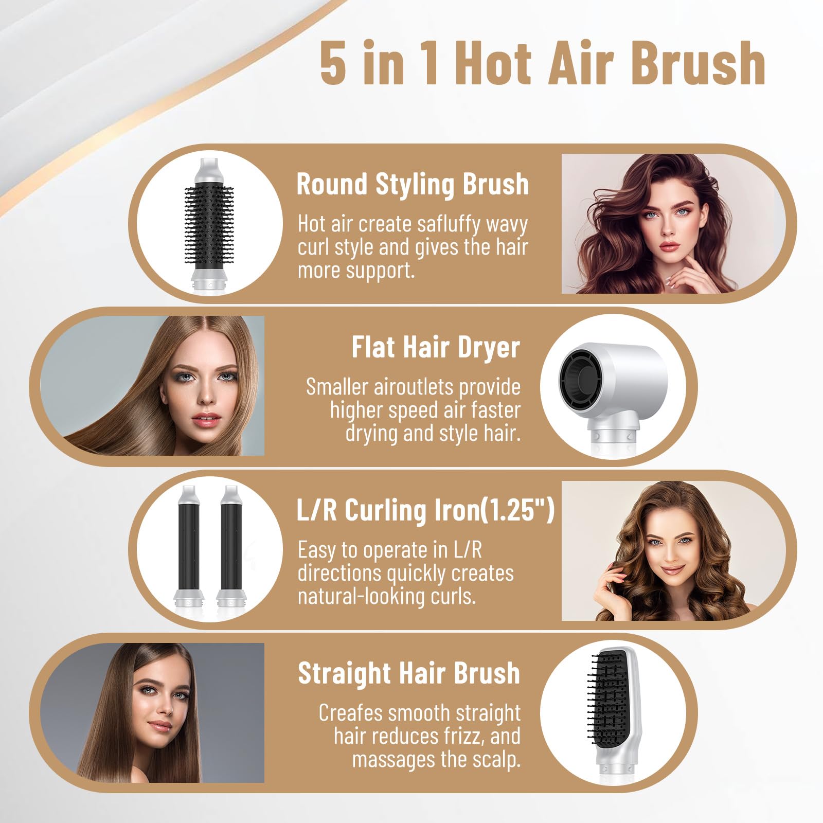 Cepillo secador de pelo Air Styler 5 en 1, moldeador Desmontable multifuncional con Iones Negativos Secador, Rizador y Cepillo Térmico para Cabello Seco, Liso y Rizado