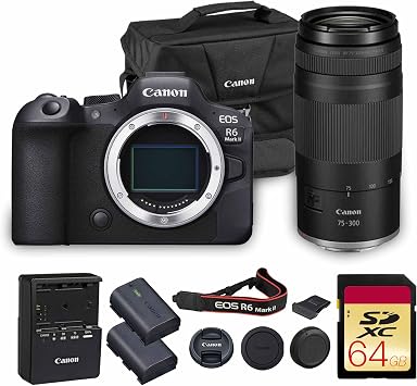 Canon EOS R6 Mark II Mirrorless Camera | 24.2MP Full Frame Sensor 4K 60p Video | Dual Pixel AF in-Body Stabilization for Professionals 5666C002 + Canon RF 75-300mm Lens + 64GB Card + Bag