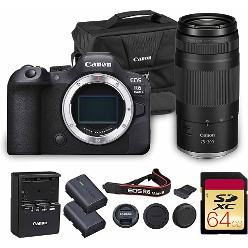 Canon EOS R6 Mark II Mirrorless Camera | 24.2MP Full Frame Sensor 4K 60p Video | Dual Pixel AF in-Body Stabilization for Professionals (5666C002) + Canon RF 75-300mm Lens + 64GB Card + Bag