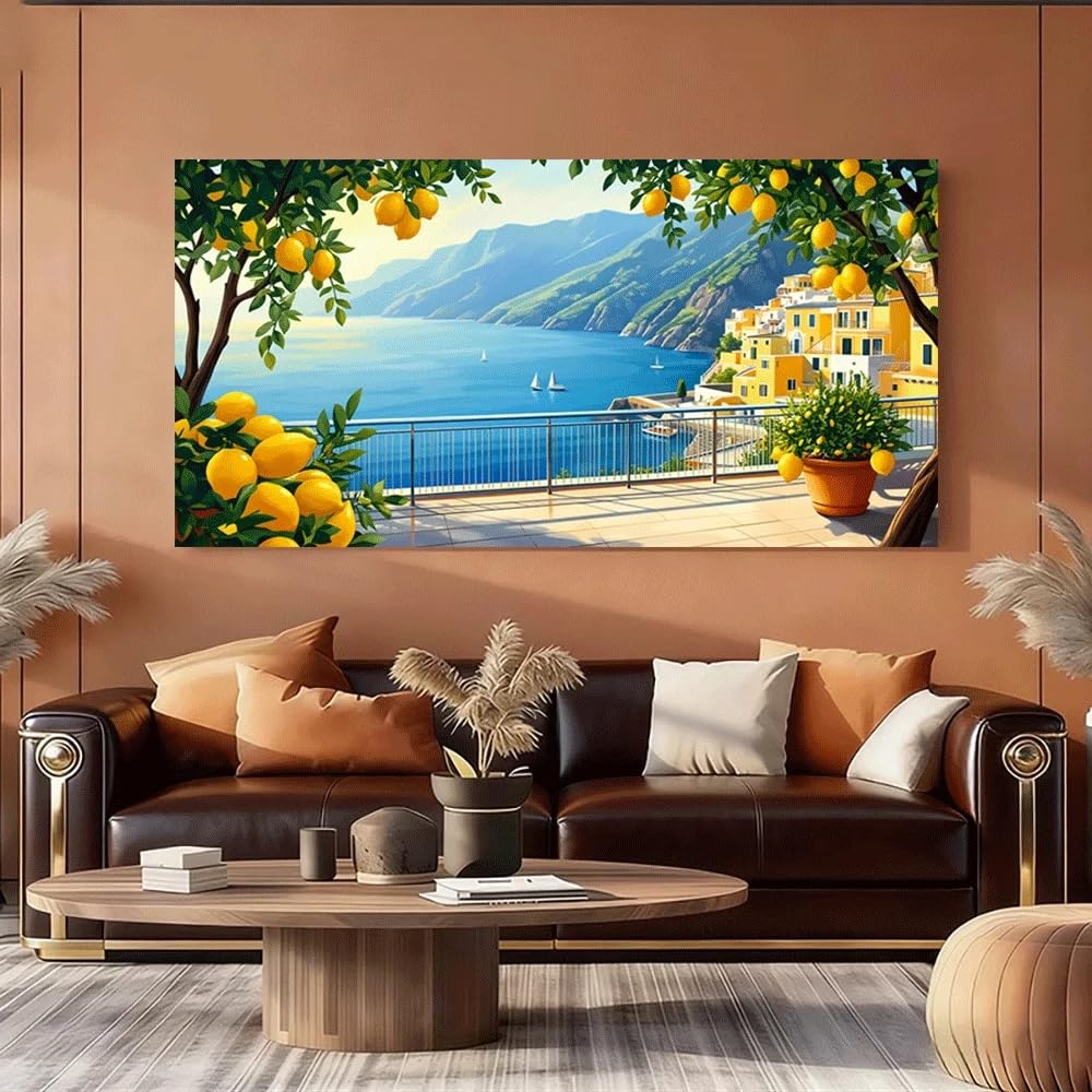 Dittelle Canvas poster Lemon Tree Terrace Mediterranean Sea View Coastal Villa Landscape Art Print for Living Room Home Decor(30x60cm/ Frameless)