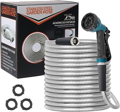 Manguera de jardín de metal de acero inoxidable 304 de 75 pies, manguera de agua resistente con boquilla de 10 funciones, flexible, ligera, sin