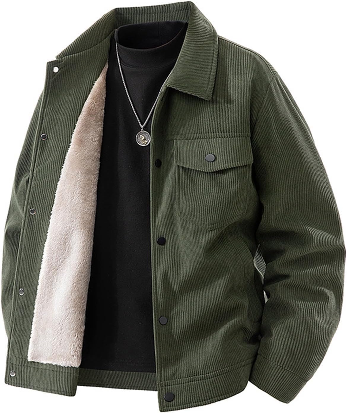 Corduroy Jacket Men Long Sleeve Casual Work Vintage Snap Button Shacket Fleece Lined Warm Fall Winter Coat Pockets
