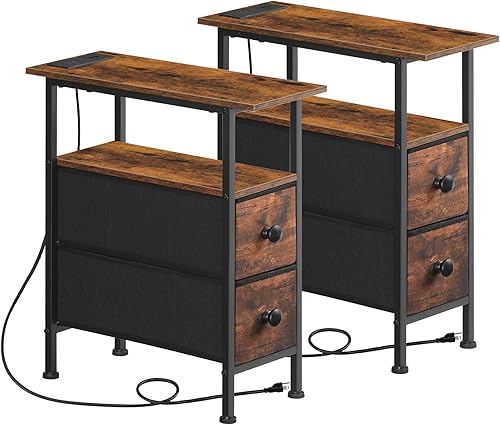 Miniatura 17 de HOOBRO Mesa auxiliar con estación de carga, juego de 2 mesas laterales estrechas, mesita de noche con 2 cajones no tejidos, mesa de sofá delgada,