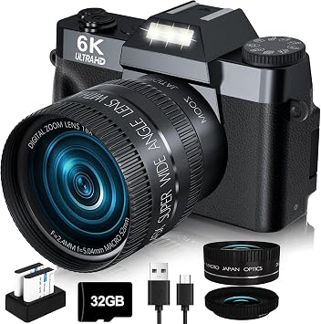VJIANGER 2026 Upgrade 6K Digital Camera for Photography 64MP Vlogging Camera for YouTube with WiFi, 180Flip Screen, 16X Digital Zoom, 52mm Lens, 32GB Micro SD Card, 2 BatteriesBlack
