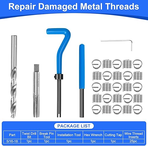 Miniatura 2 de Kit de reparación de roscas SAE de 30 piezas de 516-18 pulgadas, kit de reparación de helicoil con taladro HSS, herramientas de reenhebrado para