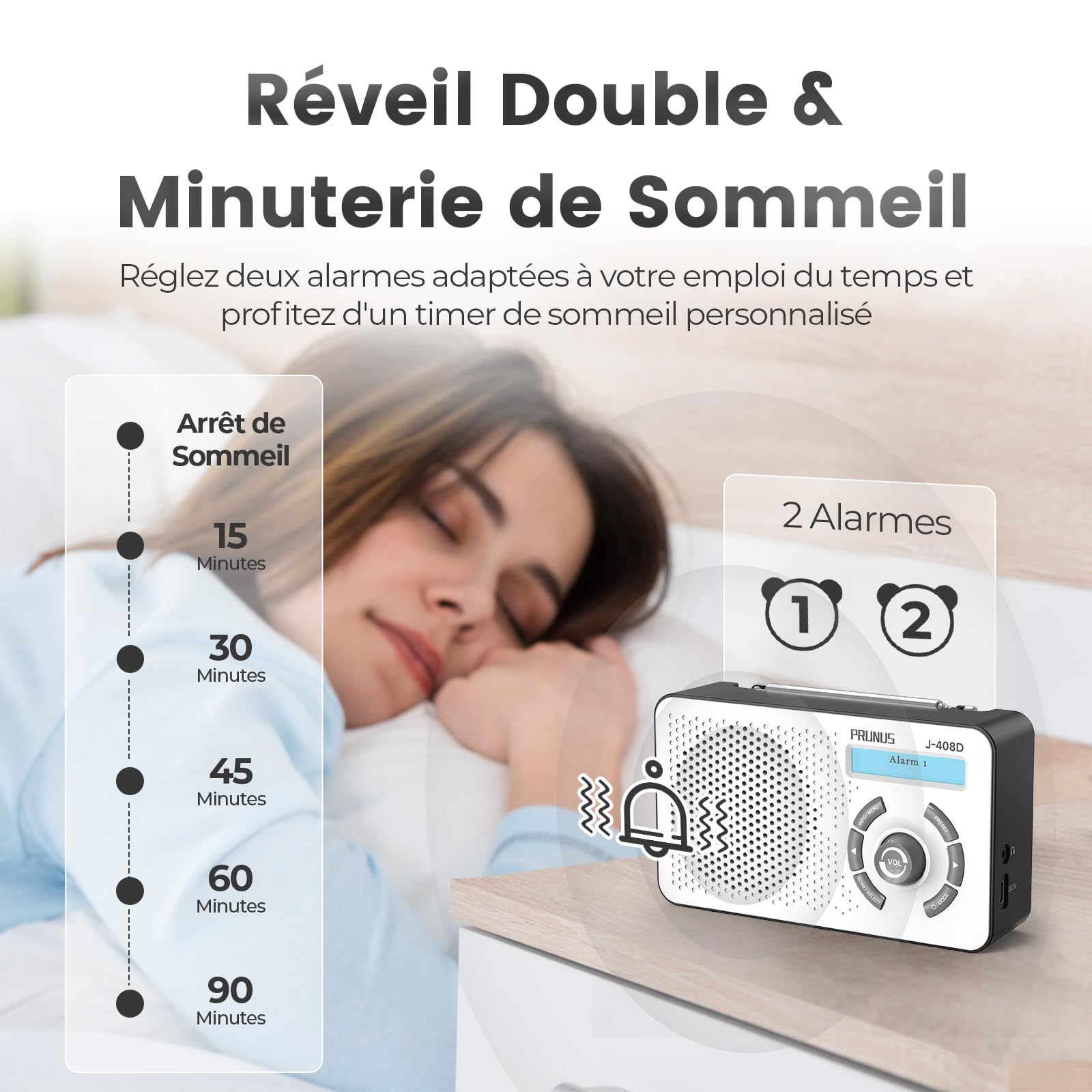 PRUNUS J-408 Radio Dab/Dab+ Portable Numérique avec Batterie Rechargeable 2000mAh, FM Radio Dab Plus avec Bluetooth, Double Réveil, Minuterie de Mise en Veille, USB-C, 40 Stations Préréglées