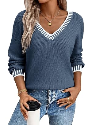 Dokotoo Womens Sweaters Casual V Neck Long Sleeve Contrast Knit Pullover Sweater Solid Fall Outfits Tops