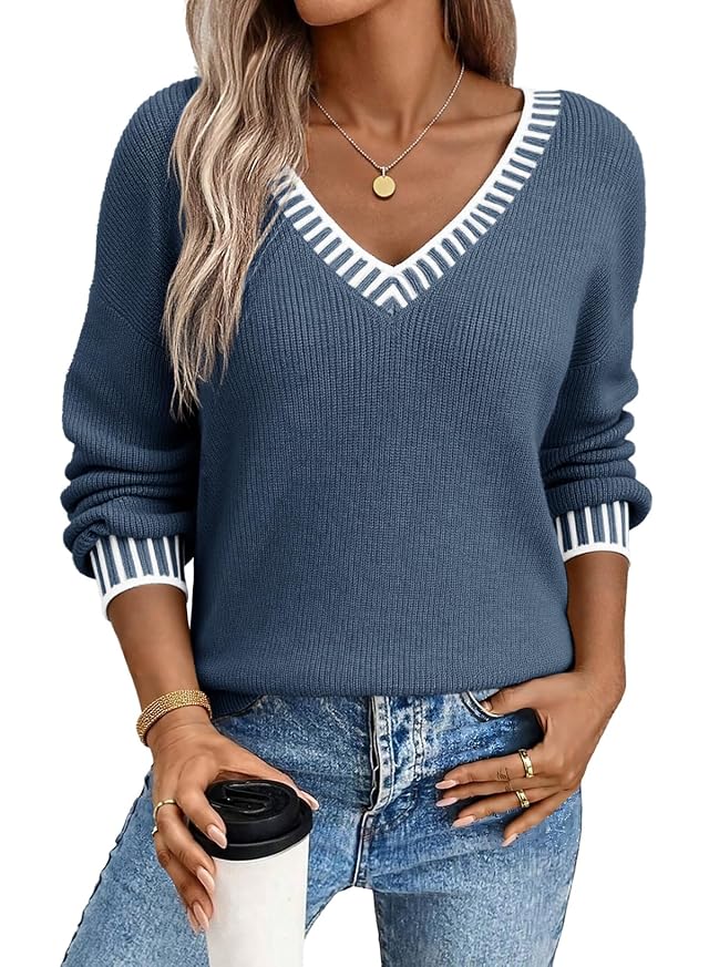 Dokotoo Womens Sweaters Casual V Neck Long Sleeve Contrast Knit Pullover Sweater Solid Fall Outfits Tops