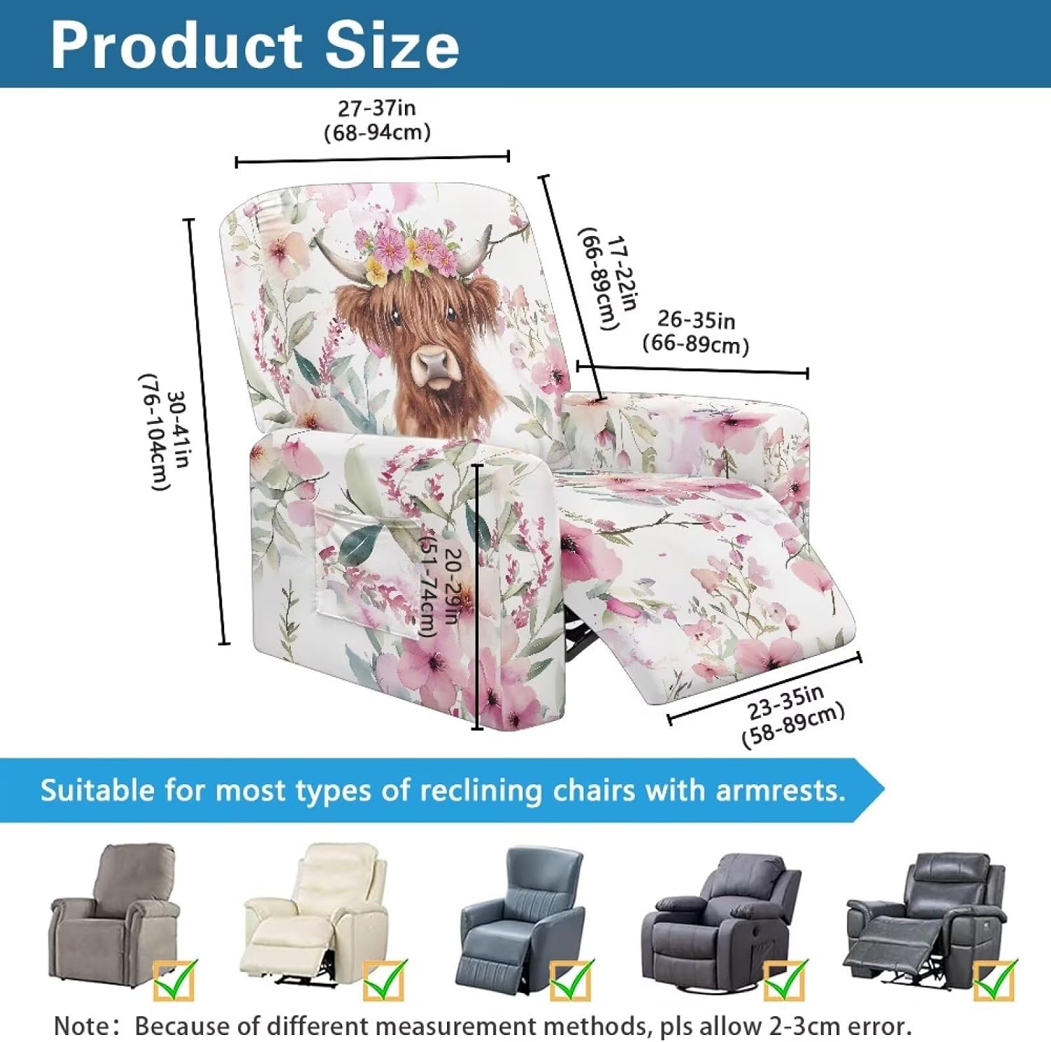 Wanyint Highland Cow Floral Pink Stretch Recliner Couch Cover Comfy Reclining Protector 4 Pieces Stretch Reclining Slipcover Extra Large Recliner Cover for Home Decoration