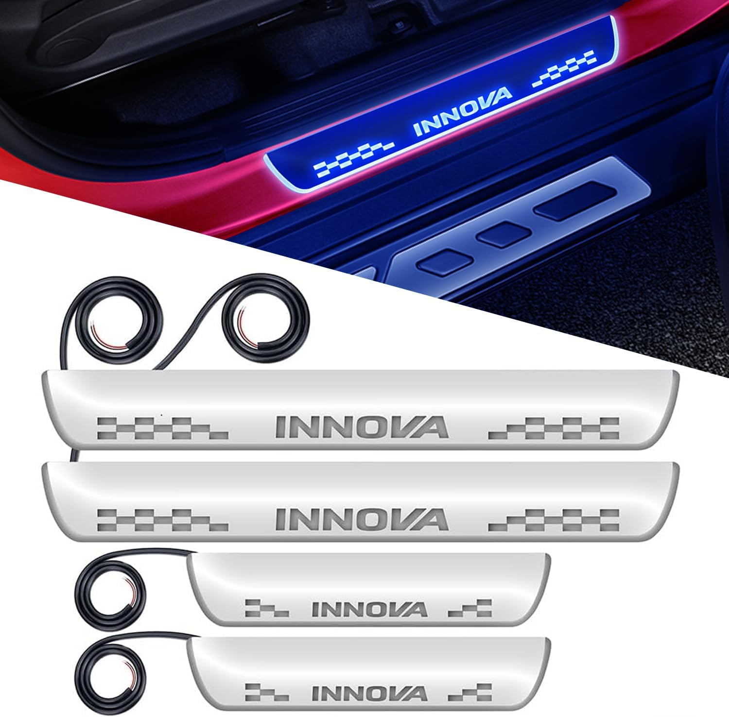 Fabtec Car Door Foot Step Sill Plate with Mirror Finish LED Car Sill Plate Compatible with Toyota Innova Car (Set of 4PCS, Blue)