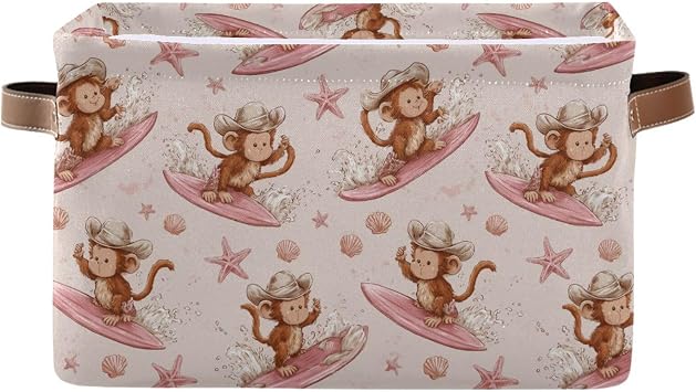 Monkey Surfing Pink Seashell Square Baskets Storage Bins Foldable Fabric Organizer Bin Open Home Shelf Baskets