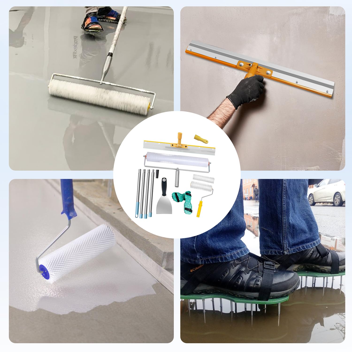 Kit De Herramientas De Autonivelación De Cemento,Palo Telescopico Limpieza 175 cm,Rodillo De Púas 13 mm,56cm y Zapatas De Clavos 30 mm,Rodillo De Pintura,Para Nivelar La Pared Del Suelo Compuesto