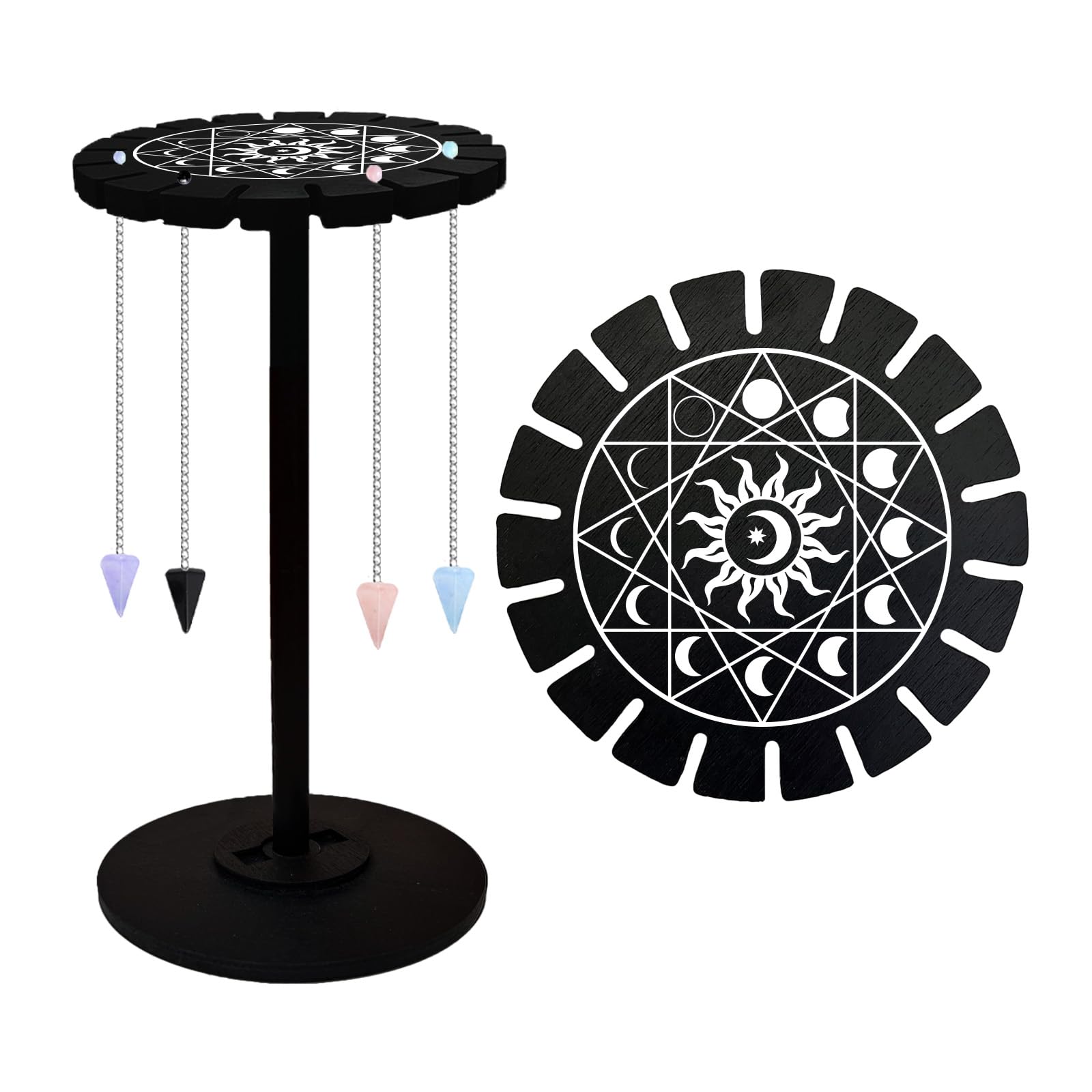 AHANDMAKER Wooden Pendulum Display Stand Stones Rocks Crystal Pendulum Holder with 18 Slots for Crystals Necklaces Accessories Decoration Spirit Altar Decoration - Geometric Moon Phases