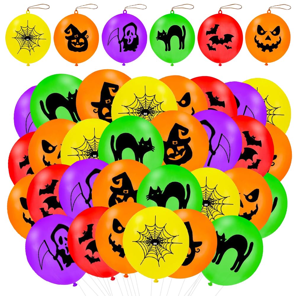 36 PCS Hallowen Slapping Ballons, Hallowen Punch Balloons, Halloween Party Decorations Ballons-Printed 6 Patterns Punch Party Bags Thick & Strong with Rubber Band for Kids Boys and Girls (Colorful)