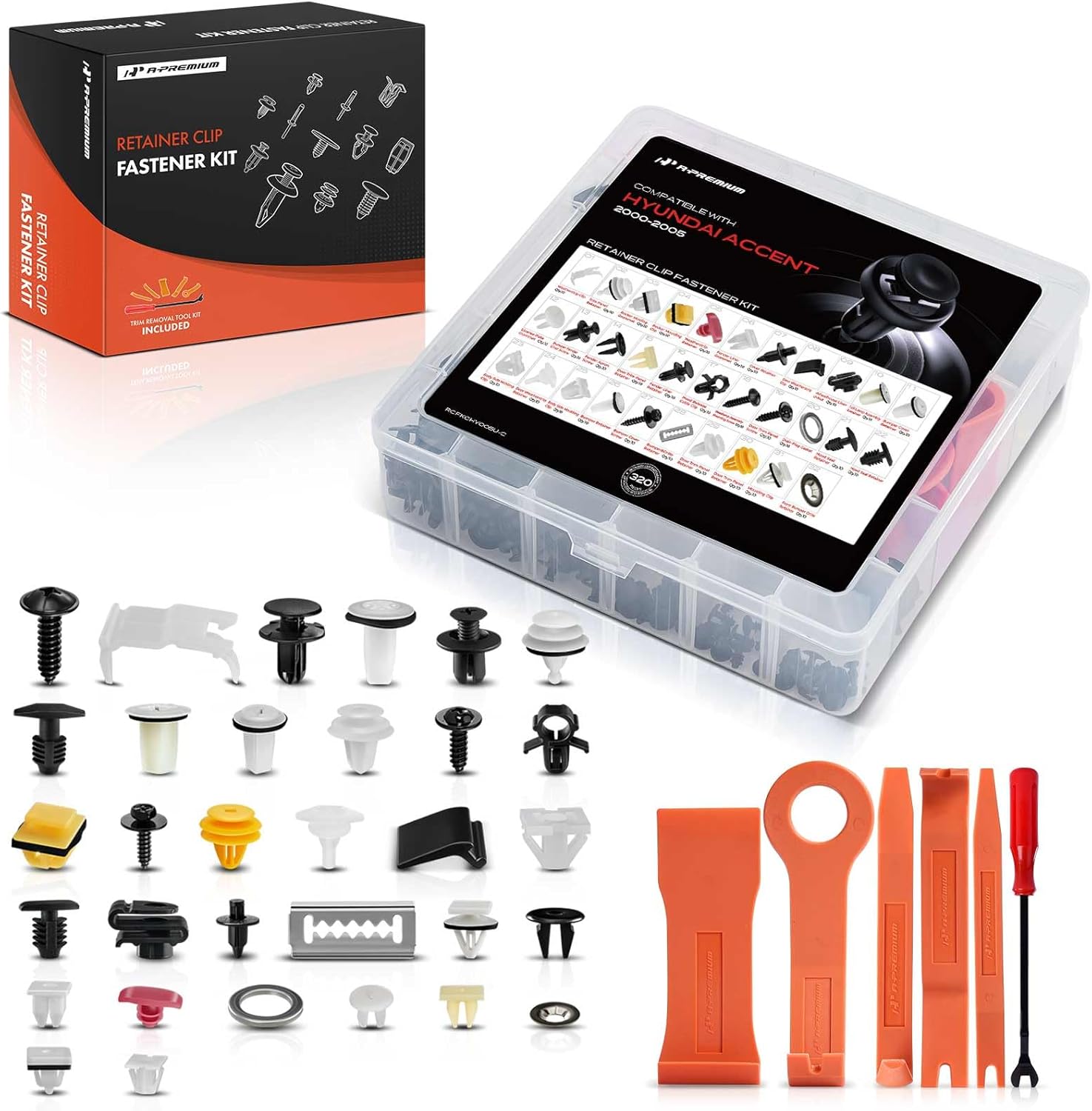 A-Premium 32 Sizes 50.4oz Trim Panel Hood Seal Retainer Clips Kit Compatible with Hyundai Accent 00-05 Bumper Fender Liner Car 320PCS Plastic Rivets Fasteners Push Retainer Kit, w/Removal Tool