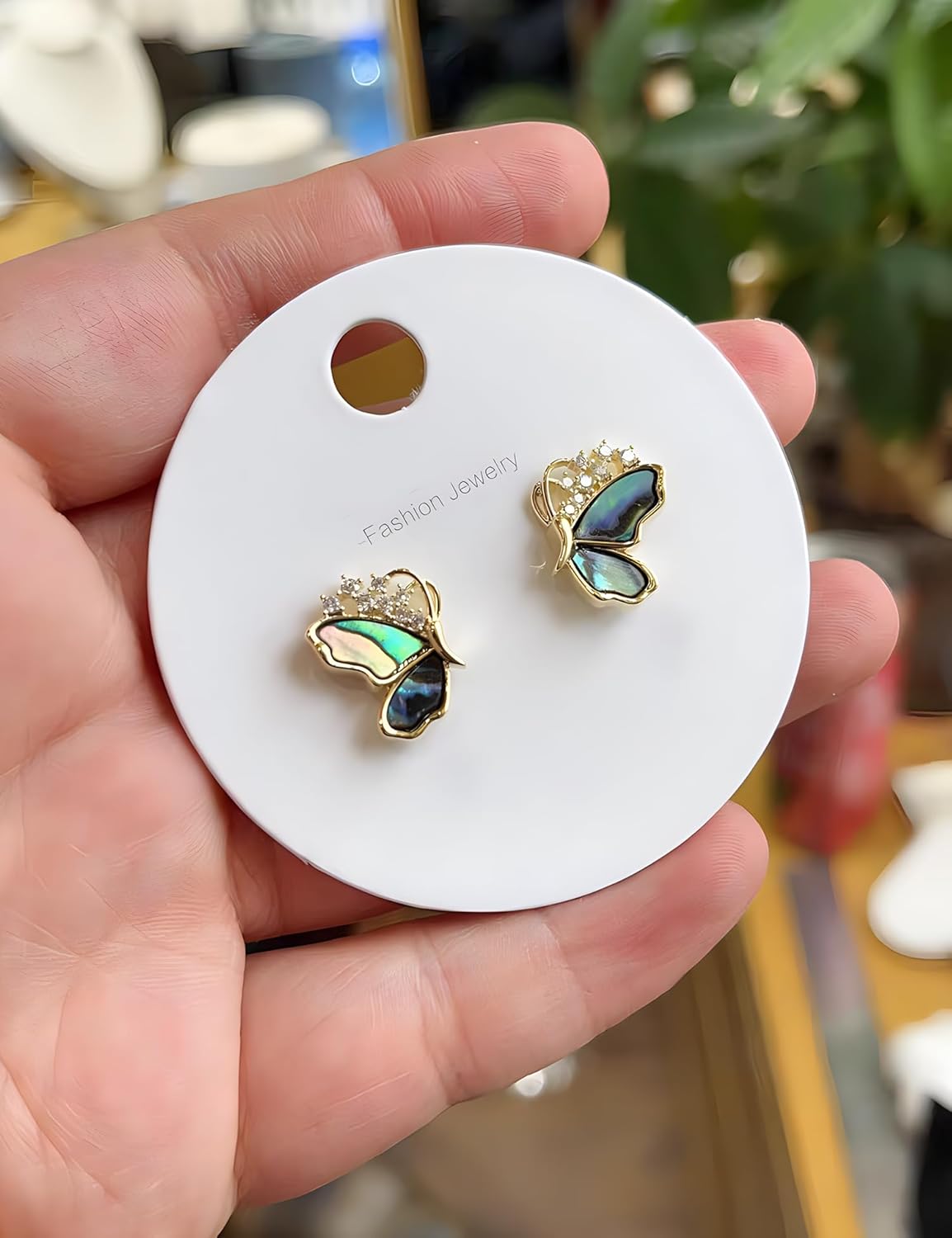 Abalone Shell Butterfly Stud Earrings for Women - Cubic Zirconia Crystals Half Butterfly Earrings in 14K Gold - Image 3