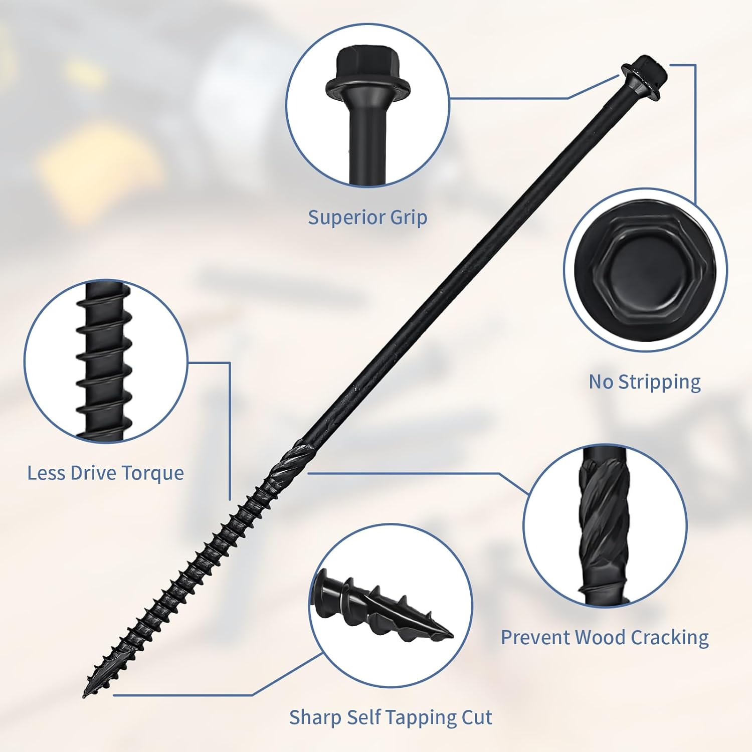 Lag Screws 10 Inch, #14 x 10 Structural Wood Screws, 50Pcs Heavy Duty Construction Screws, Long Deck Timber Screws, Hex Washer Head, Black Rust Resistant Coated, Hex Socket Included