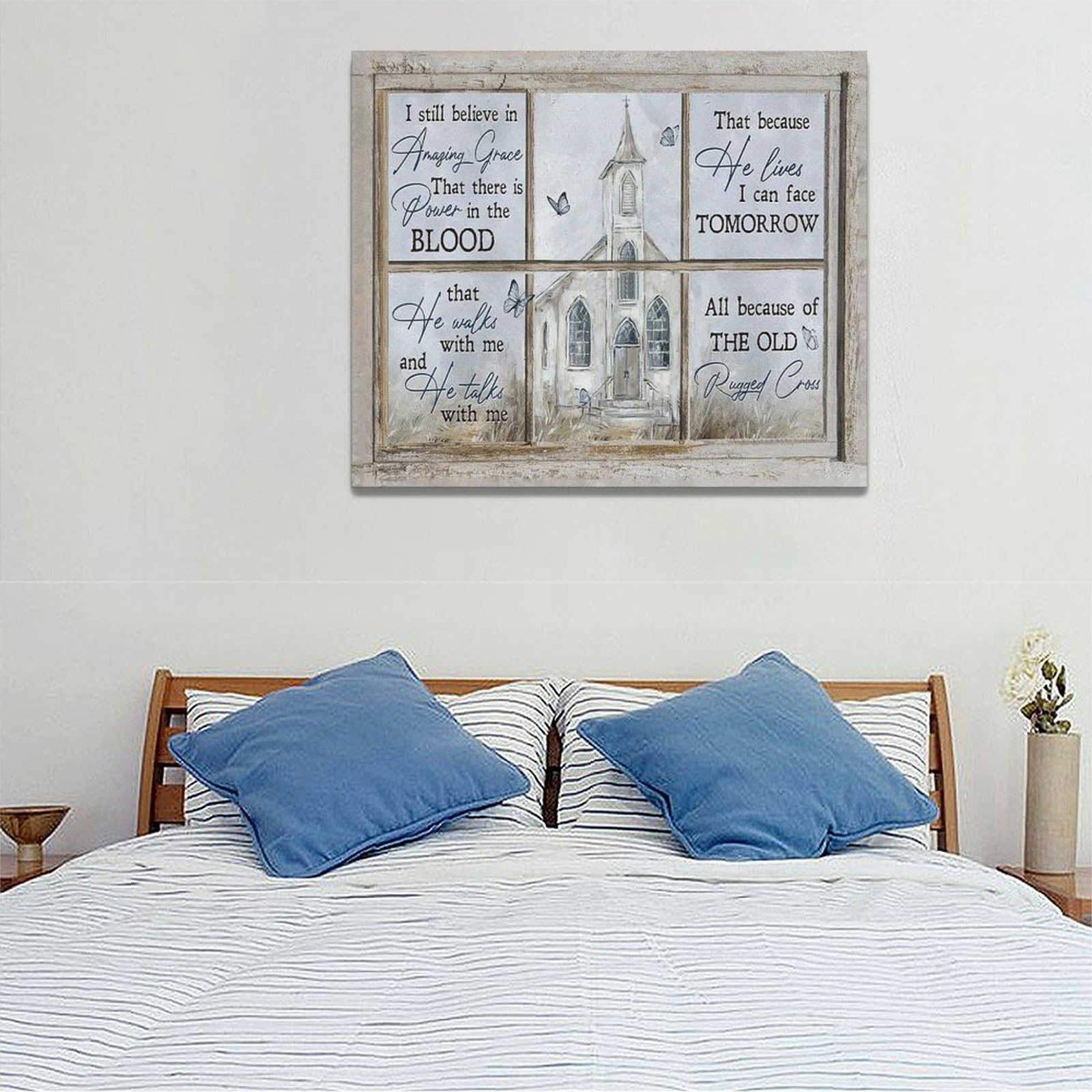 Religious Wall Art Christian Church Butterfly Amazing Grace Pictures Wall Decor Country Rustic Canvas Prints Paintings Framed Artwork Home Decorations For Bathroom Living Room Bedroom Kitchen 24"x20"