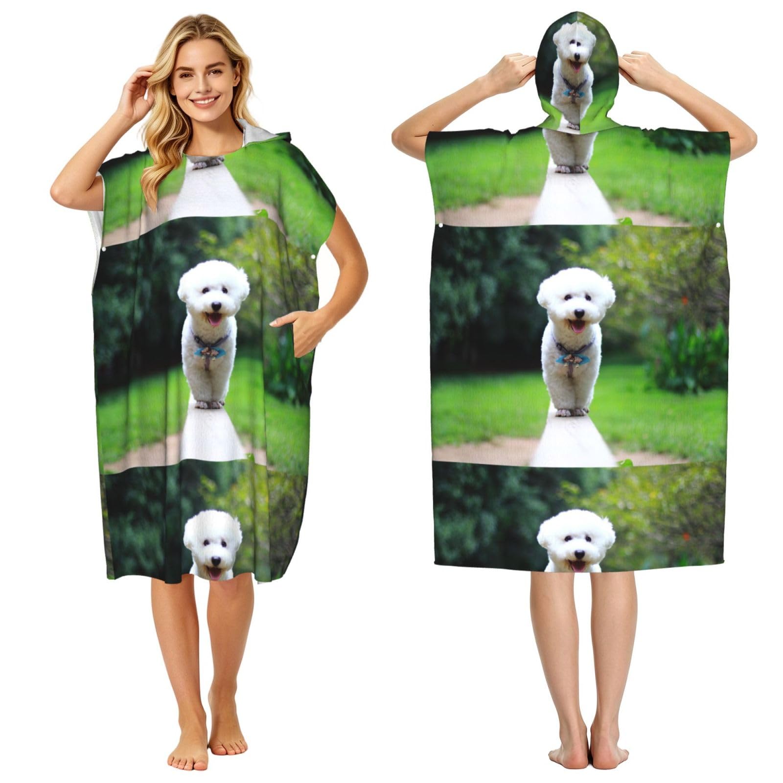 Poadnly Bichon Frise Bokeh Pets Dogs Park White Dogs, Adult Hooded Beach Towel 90 x 110 cm,Changing Bath Robe, Surf Poncho Towel For Women Men