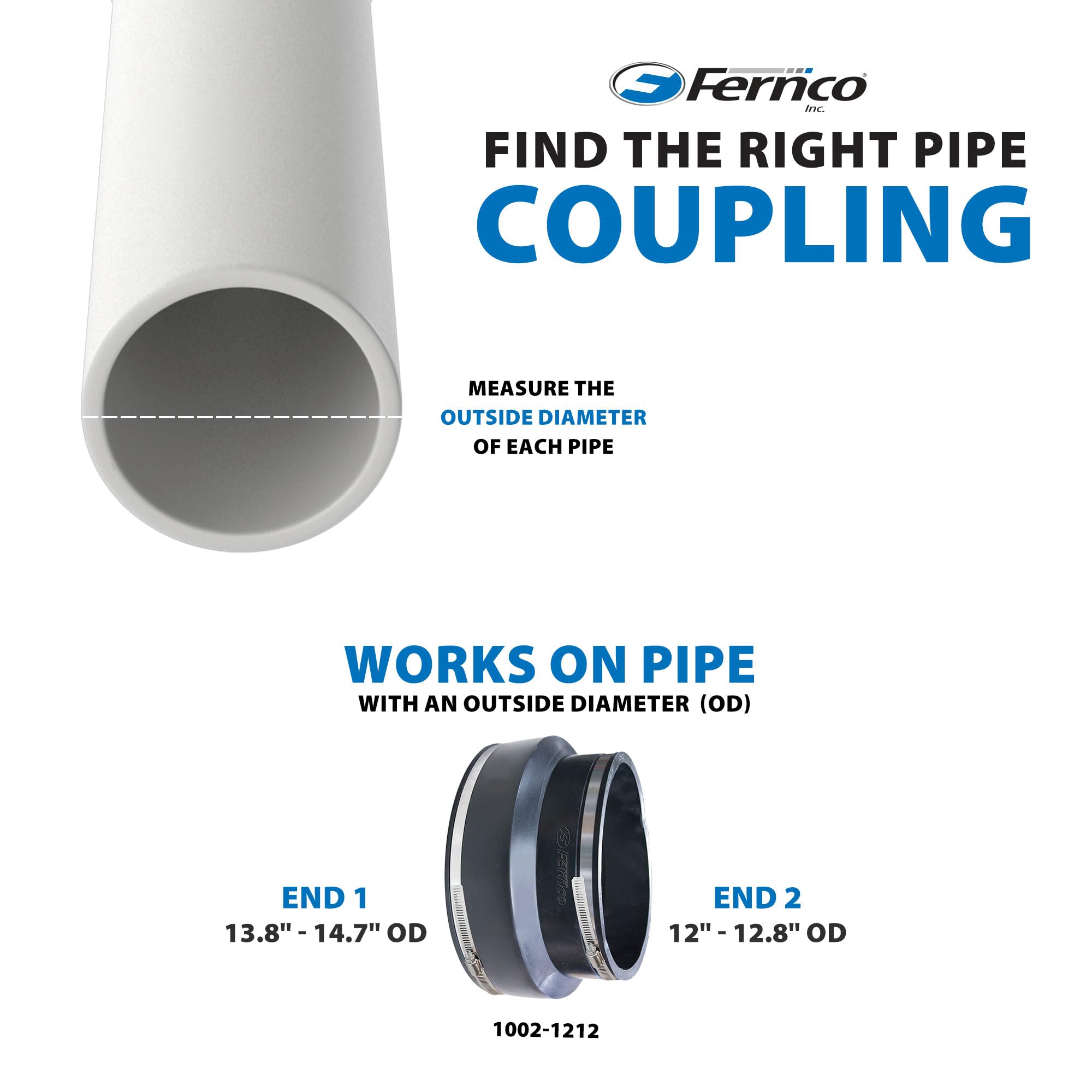 Fernco P1002-1212 - Acoplamiento flexible de tubería de PVC para conexiones de fontanería de arcilla a hierro fundido, plástico o acero