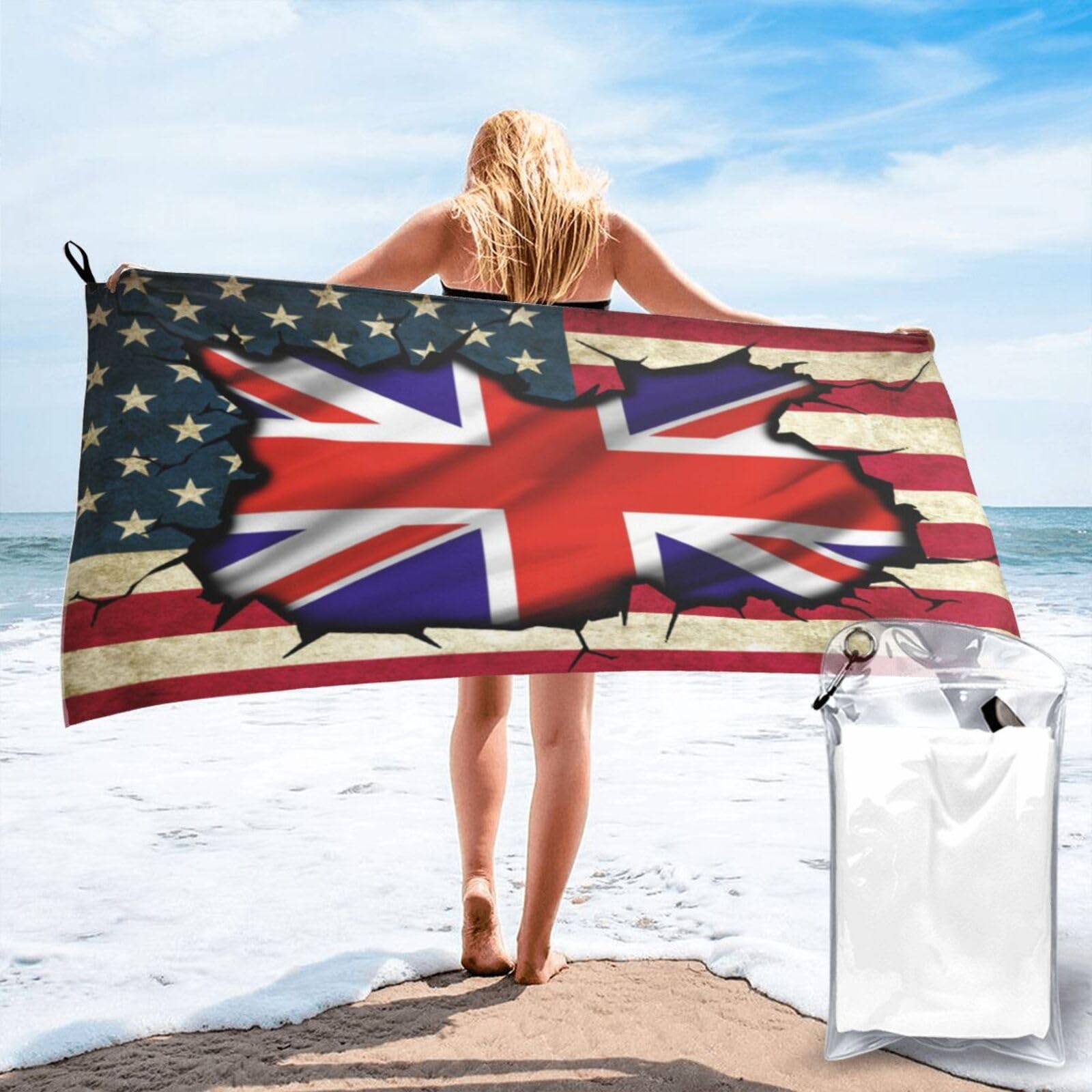 HACXZ Vintage America Flag and Britain British Flag Absorbent Beach Towel Microfiber Beach Towel Lightweight 27.5"X55"