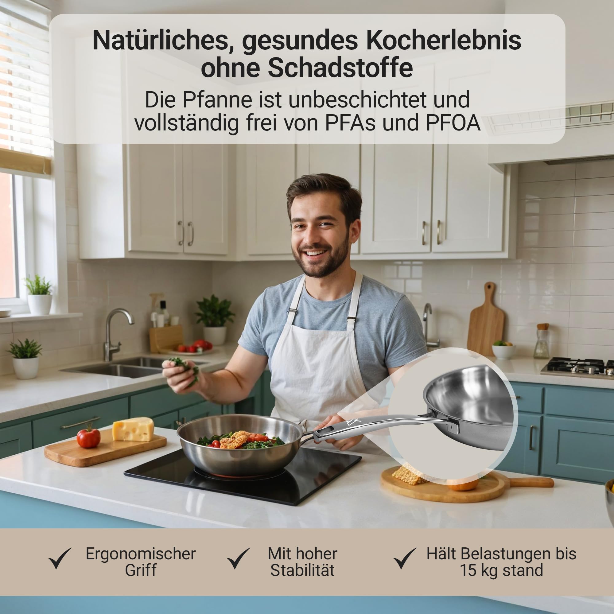 Kayzar Profi Edelstahlpfanne 28 cm - Bratpfanne unbeschichtet & PFOA-frei, Premium 3-lagiger Boden (3,5 mm) für gleichmäßige Wärmeverteilung & natürliche Antihaftwirkung, Induktion