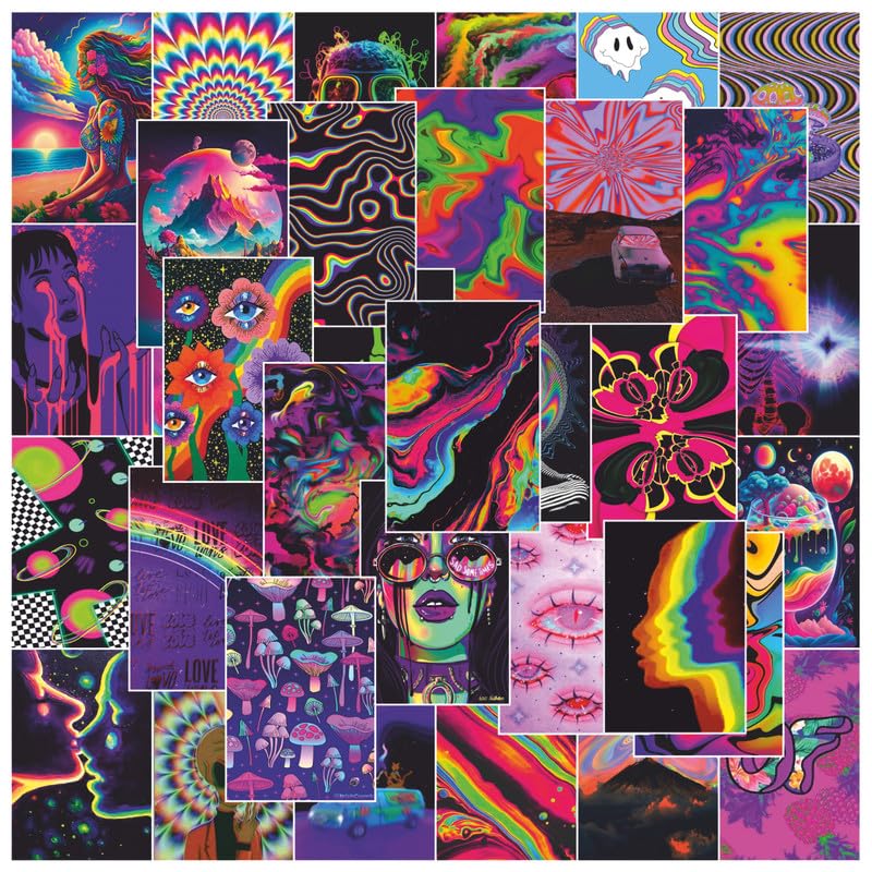 Image of POSTERONN Psychedelic Wall Collage Kit Set of 54 Aesthetic 4x6 Inch Posters Trippy Room Decor for Bedroom Dorm Living Room Vibrant Cardstock Art Prints for Teens Adults with Glue Dots Included