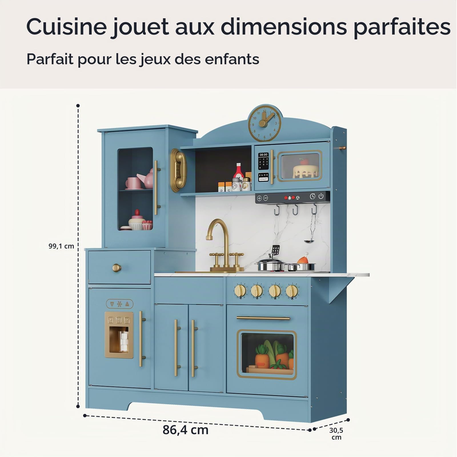 Cuisine en Bois Enfant, Cuisine de Jeu pour Enfants avec Lumières et Sons, Kit de Cuisine pour Enfant avec Cuisinière, Horloge, Évier et Micro-ondes, Jouet de Rôle, Cuisine en Bois Moderne pour Enfant