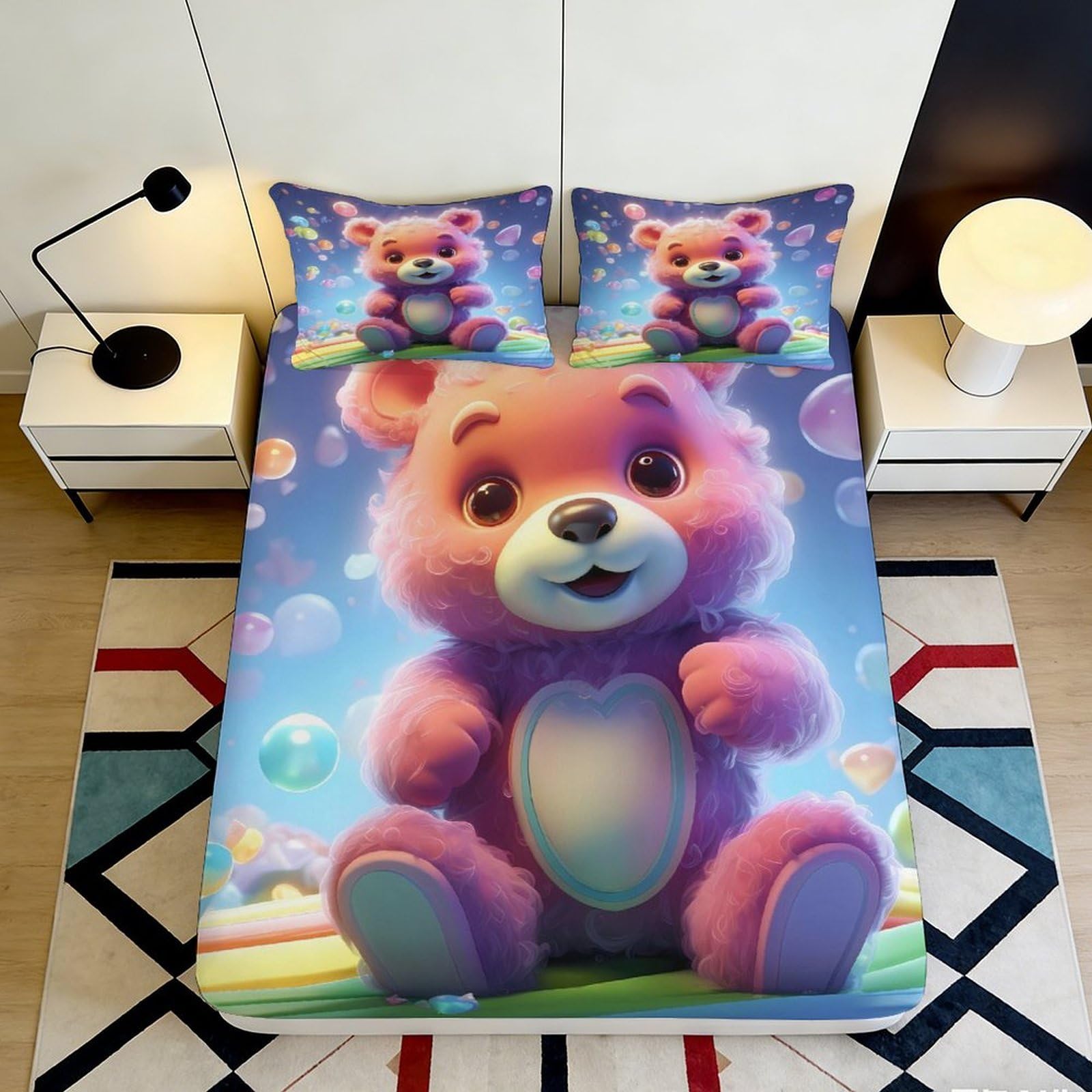 3D Printed Cute Pink Bear Fitted Sheet Microfiber Soft Breathable Colorful Bubbles Bed Cover for Bedroom Dormitory Guest Room Mattress Protection 140x200x25cm