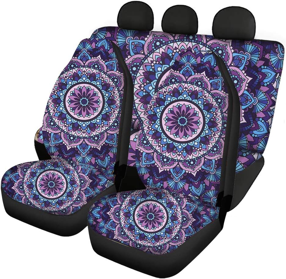 Babrukda Front Saddle Blanket and Rear Split Bench Protection Cover Car Full Set Interior Accessiores for Women Mandala Flower Design Ultra-Soft Soft Universal Purple