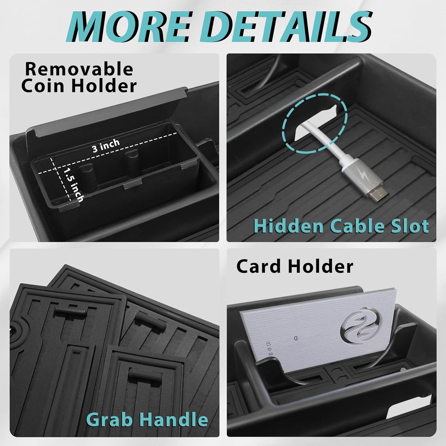 BestEvMod Upgraded V3 Armrest Storage Box and Cup Holder Lower Center Console Organizer Tray with PVC Trim Removable Coin Holder Compatible with Rivian R1T/R1S 2022-2024 (V3 Console+Lower Tray Black)