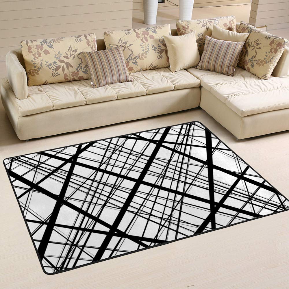 Grand tapis de chambre moderne Ruchen avec lignes noires abstraites 60x39"