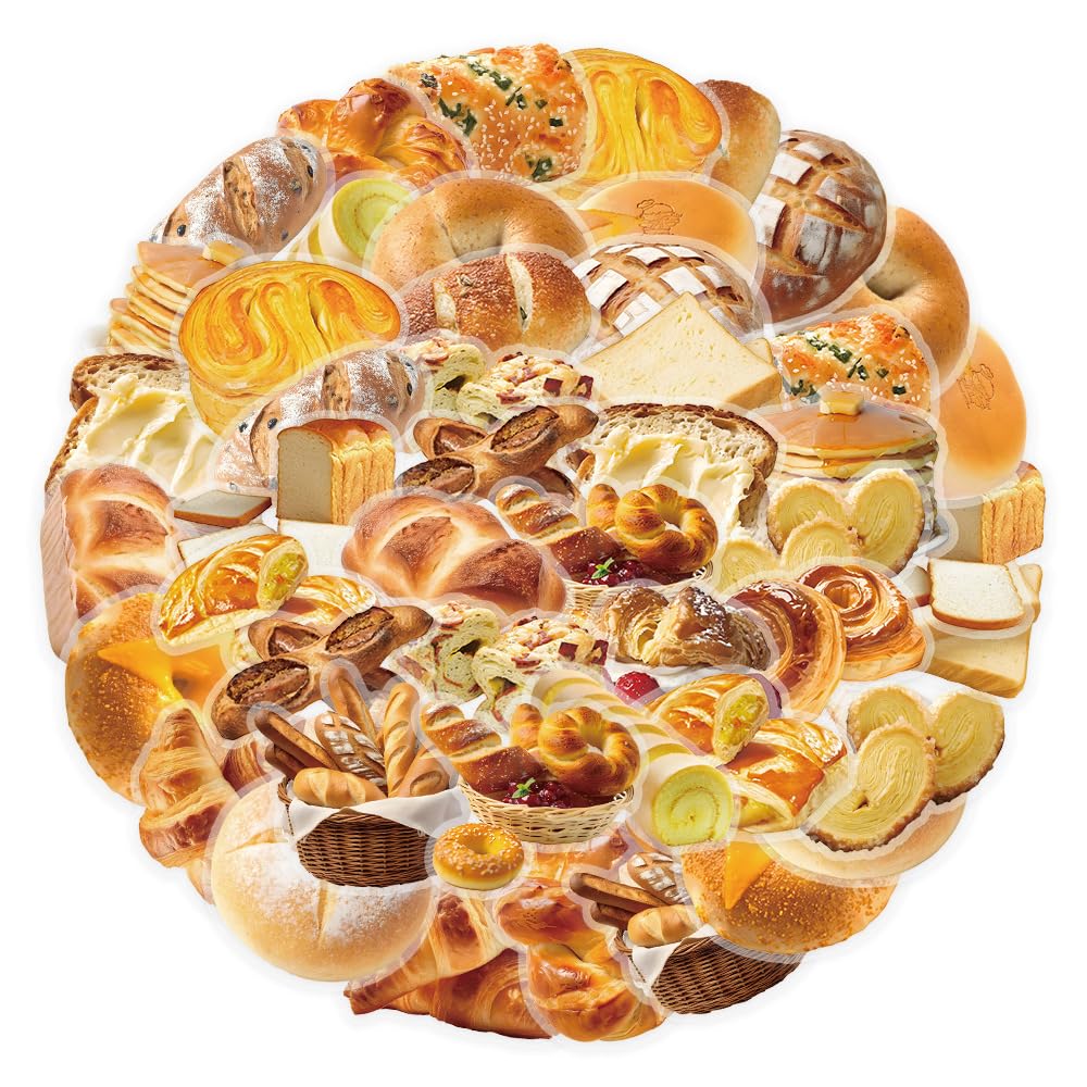 Trendy Bread Polyester Stickers, 50 PCS Waterproof Realistic Food Decals for Laptops, Scrapbooking, Journals, Notebooks, Water Bottles, Suitcases, Phones & DIY Decor