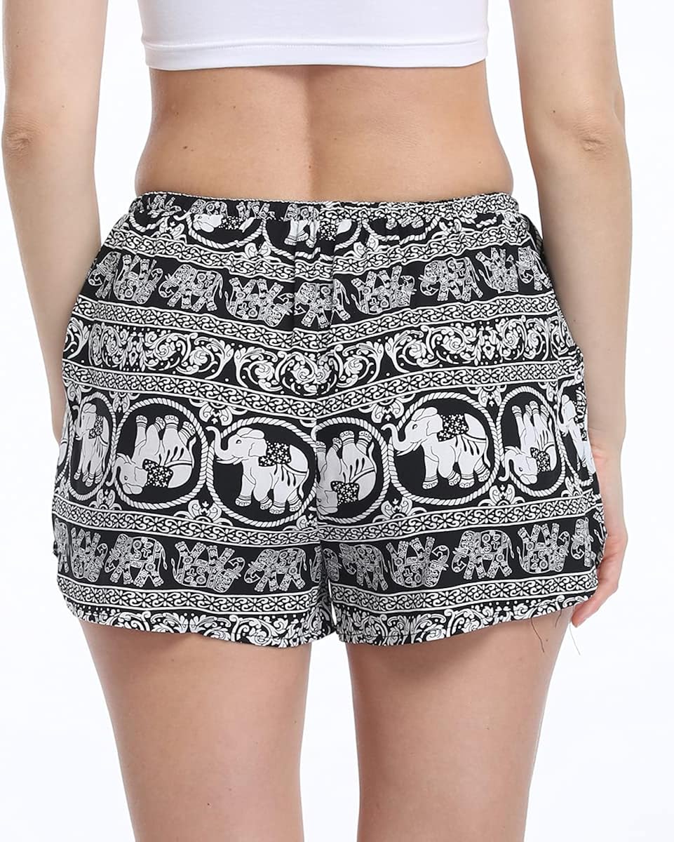 PEIQI Women's Elastic Waist Boho Print Shorts Summer Beach Shorts with Pockets : Clothing, Shoes & Jewelry