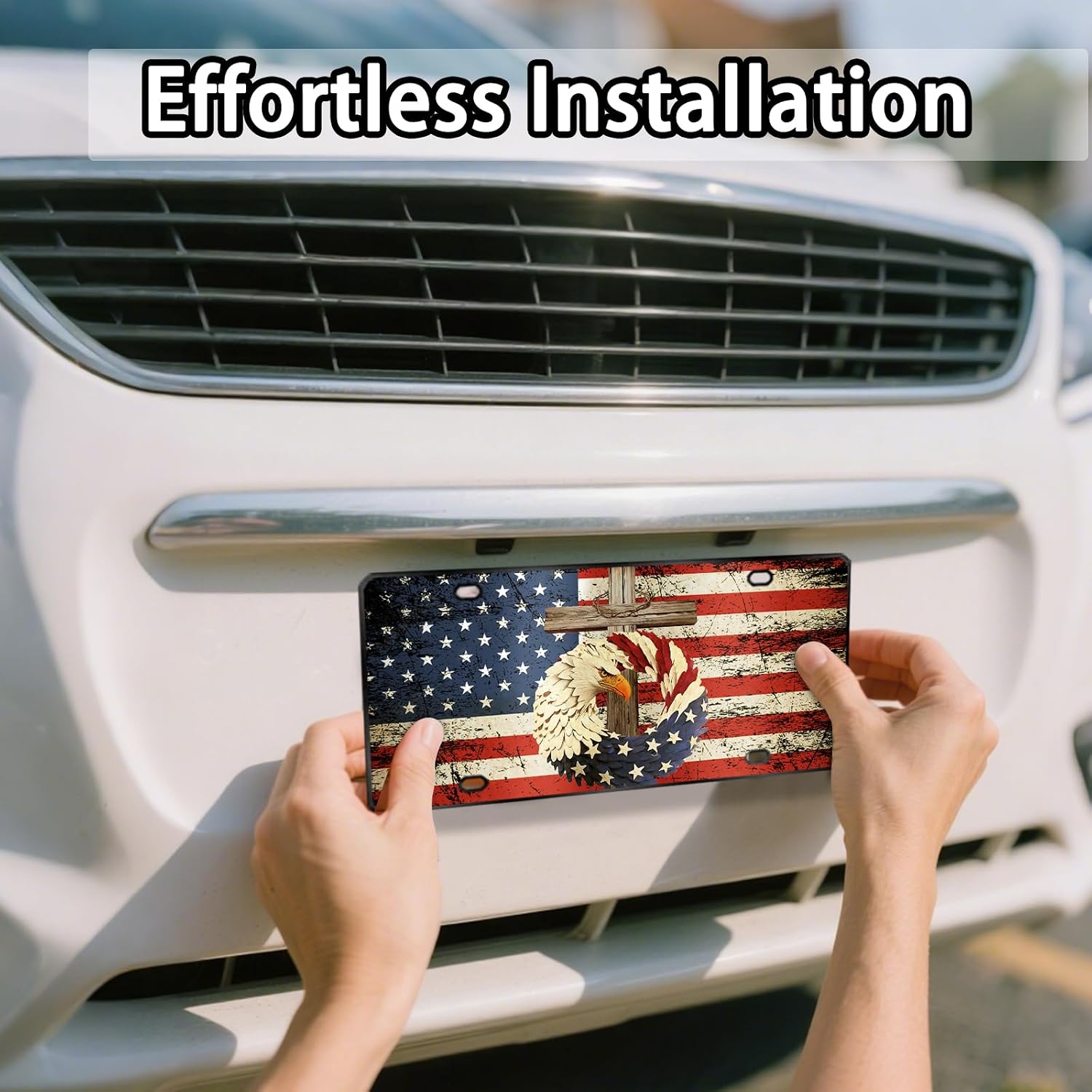 Front License Plate Eagle - American Flag License Plate with Eagle, Aluminum Cross Decorative License Plates Christian Novelty Vanity Tag, Car Decor Accessory with 4 Holes, 6×12 inch Car Decor Sign image 5