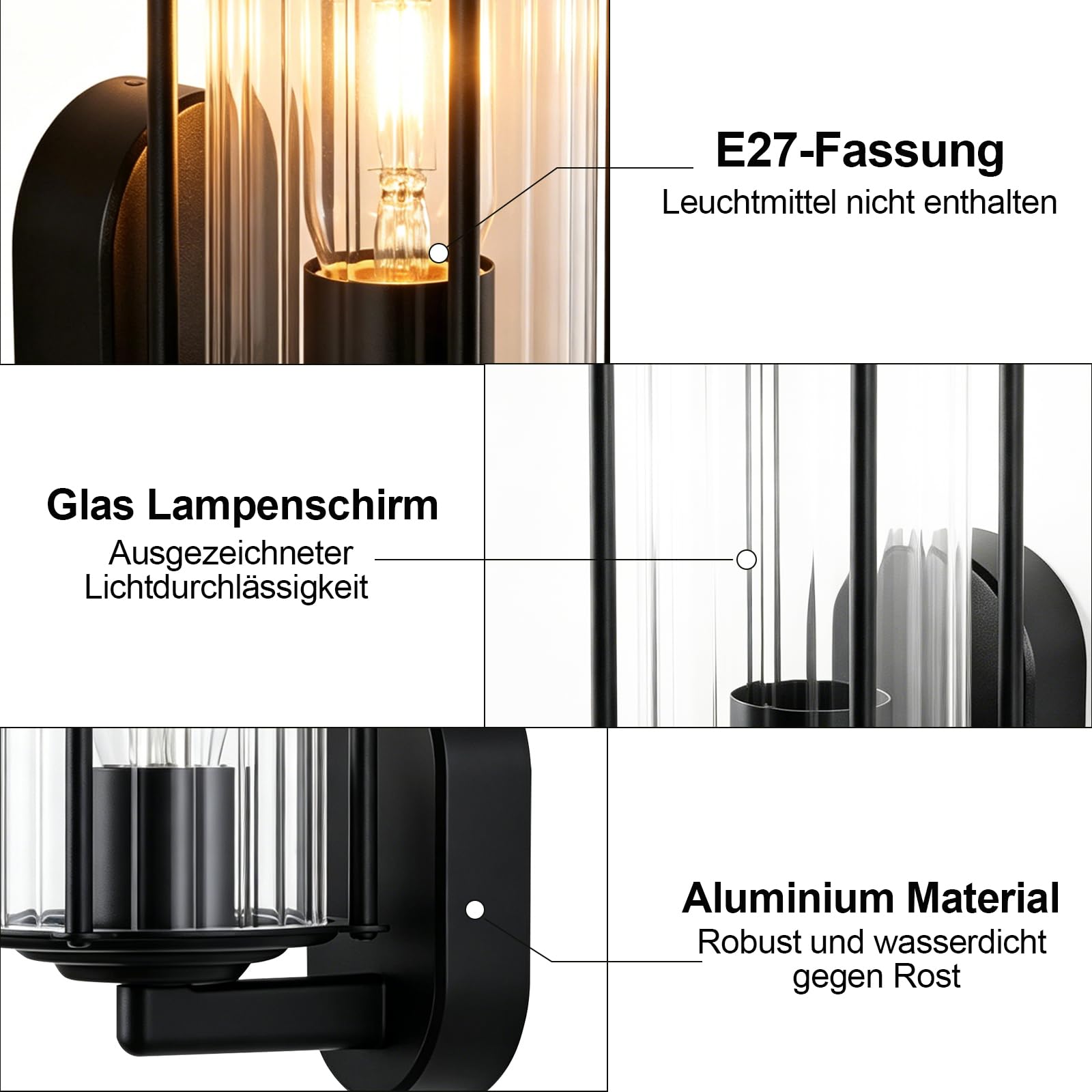 Glitzerlife Wandlampe Aussen Außenleuchte Innen - 2ER Aussenlampe Wand E27 IP65 Wandleuchte Schwarz Außenbeleuchtung Außenwandleuchte für Terrasse Balkon Hauswand Garten MAX.40W ohne Leuchtmittel