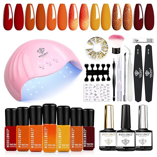 Modelones Kit de esmalte de uñas de gel con luz UV 7 tonos de cremoso neutro nude, kit de manicura de gel para principiantes mejorado con