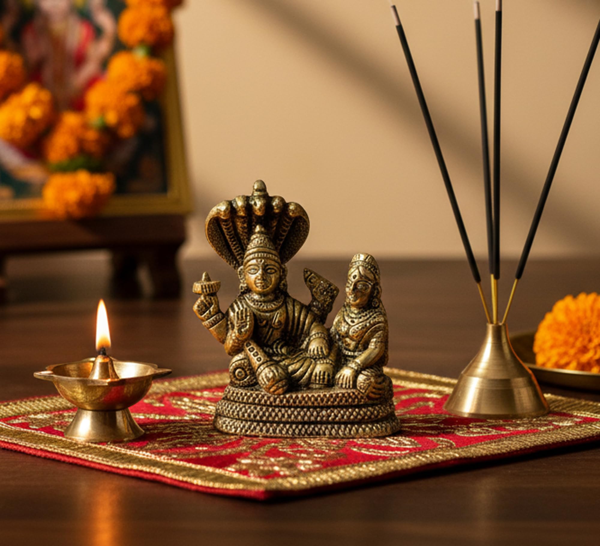 eSplanade Brass Lord Vishnu Laxmi in Ksheer Sagar - Lakshmi Narayan - Murti Idol Statue Sculpture - Golden - 3.1" Inches